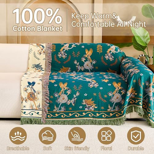 Image of VANJOROY Boho 100% Cotton Large Throw Blanket - All Season Rustic Ultra Soft Breathable Floral Bird Blanket for Bed Sofa Couch Chair Bedspread Quilt Gift, 80 inch x 90 inch-Teal /Beige