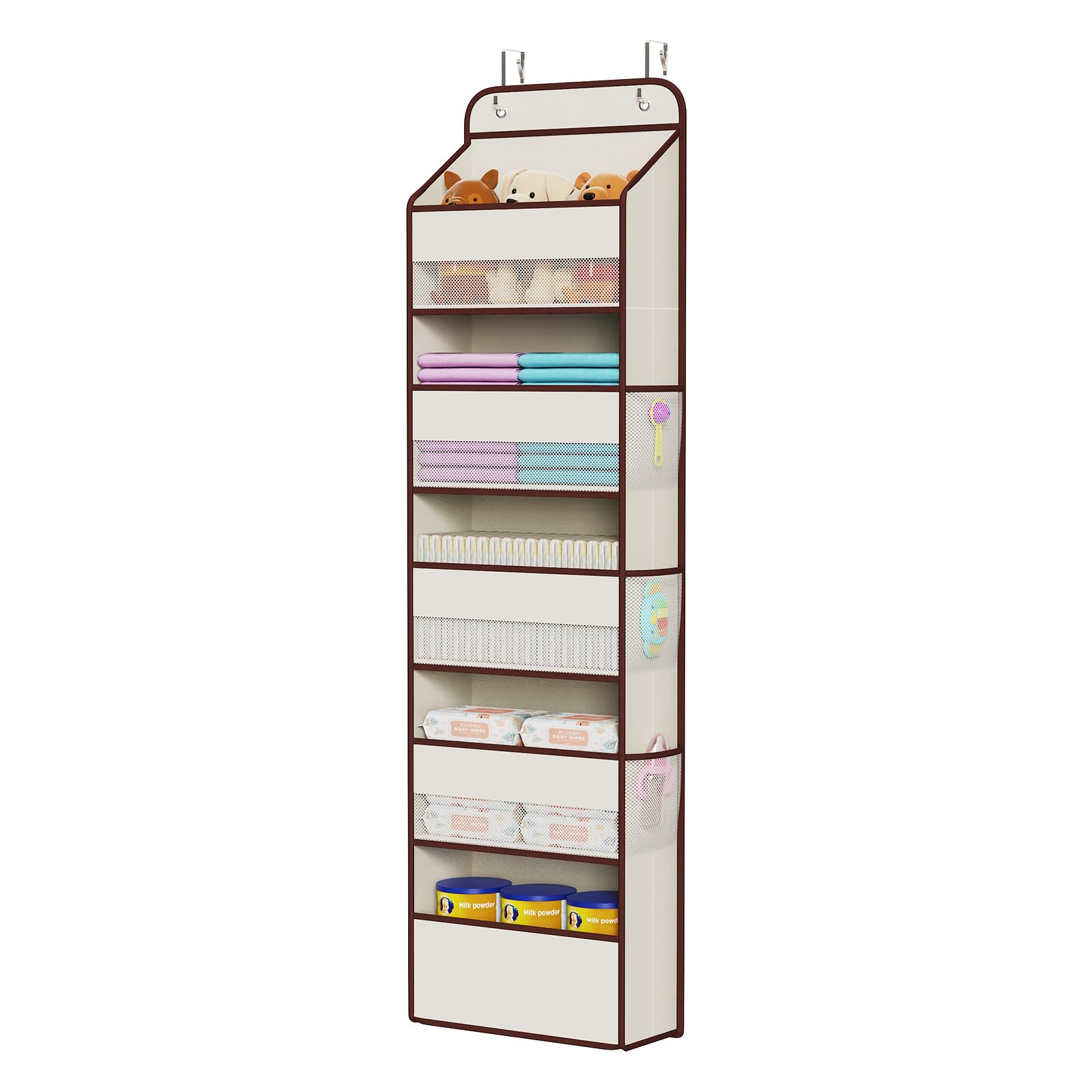 Univivi Fabric Over Door Hanging Organizer for Baby Nursery, Beige, 5-Shelf | Door Storage with Large Capacity Breathable Mesh Pockets, Over Door Organizer for Baby Essential, Bedroom and Dorm