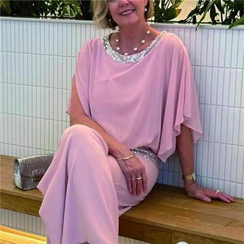 Conjunto elegante de 2 piezas con lentejuelas para mujer, holgado, color sólido, casual, de dos piezas, de gasa de verano, pantalones semiformales, trajes para boda, fiesta de noche, pantalones