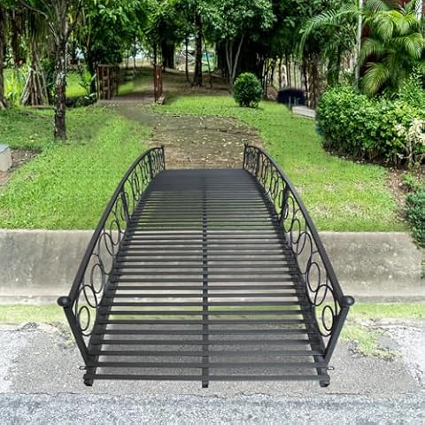 JSUN7 10FT Metal Garden Bridge - Garden Bridges for Outdoors, Outdoor Bridge with Circular Safety Siderails, Iron Decorative Footbridge for Stream, Fish Pond, Black Cover