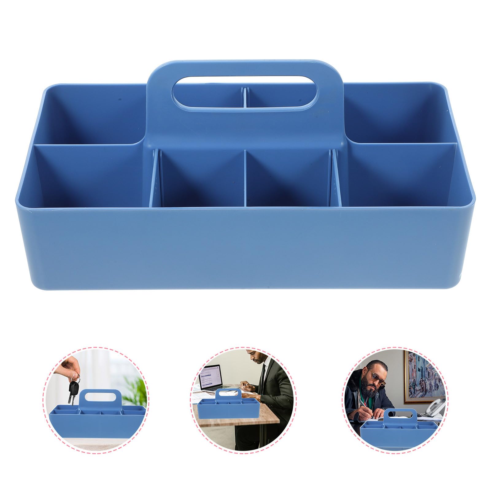 Boîte de Rangement Empilable Compartimentée 33x17x8 Cm Bleu Poignée, Organiseur de Table Multifonction pour Bureau, Matériel Artistique et Papeterie, Conteneur Pratique pour Stylo