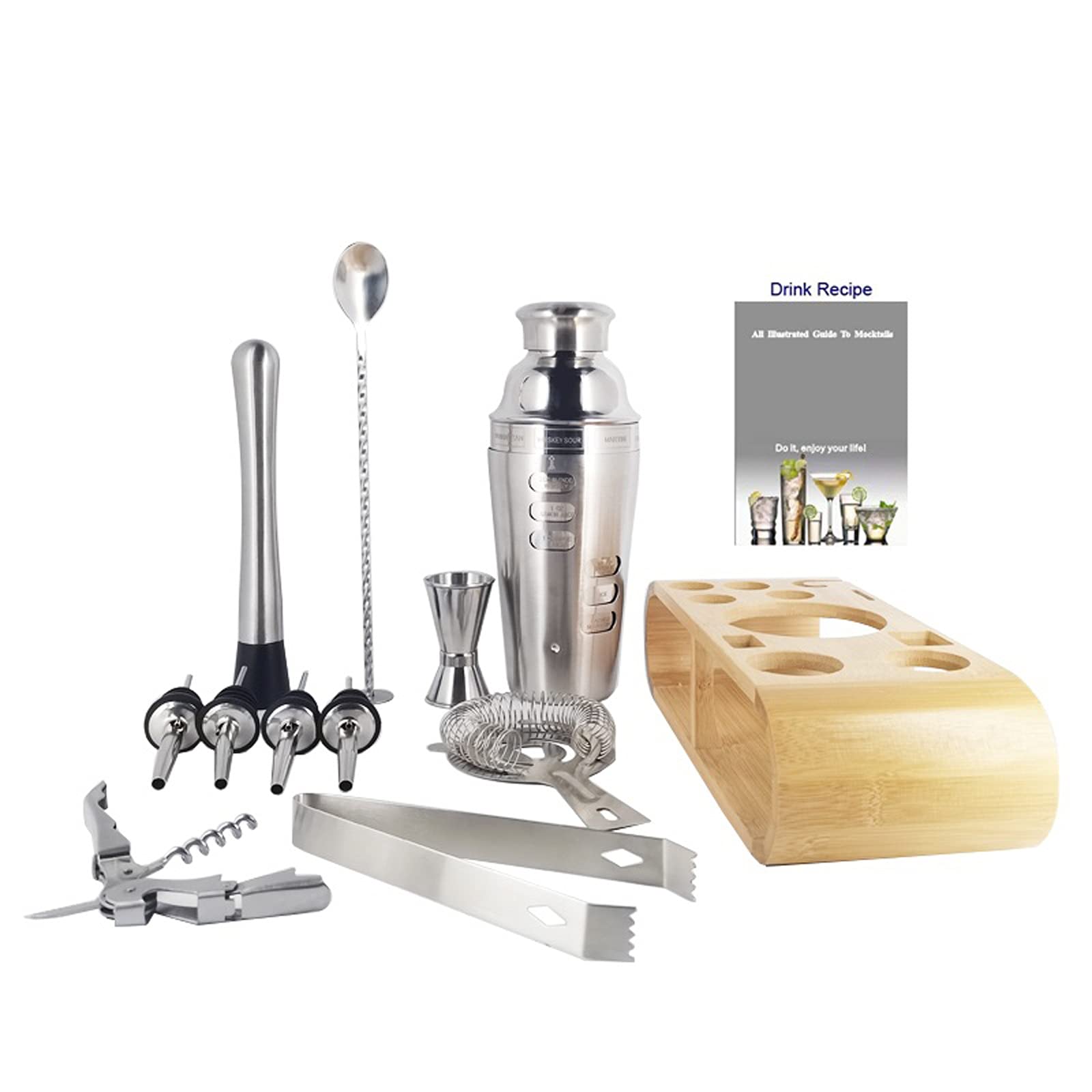Juego de Coctelera Cocktail Shaker Set Bar Herramientas Barware Bartender Kit Jigger Mezclador Muddler Pourer Cuchara con soporte de bambú Casa Bebida Accesorios de fiesta Agitador de Cócteles