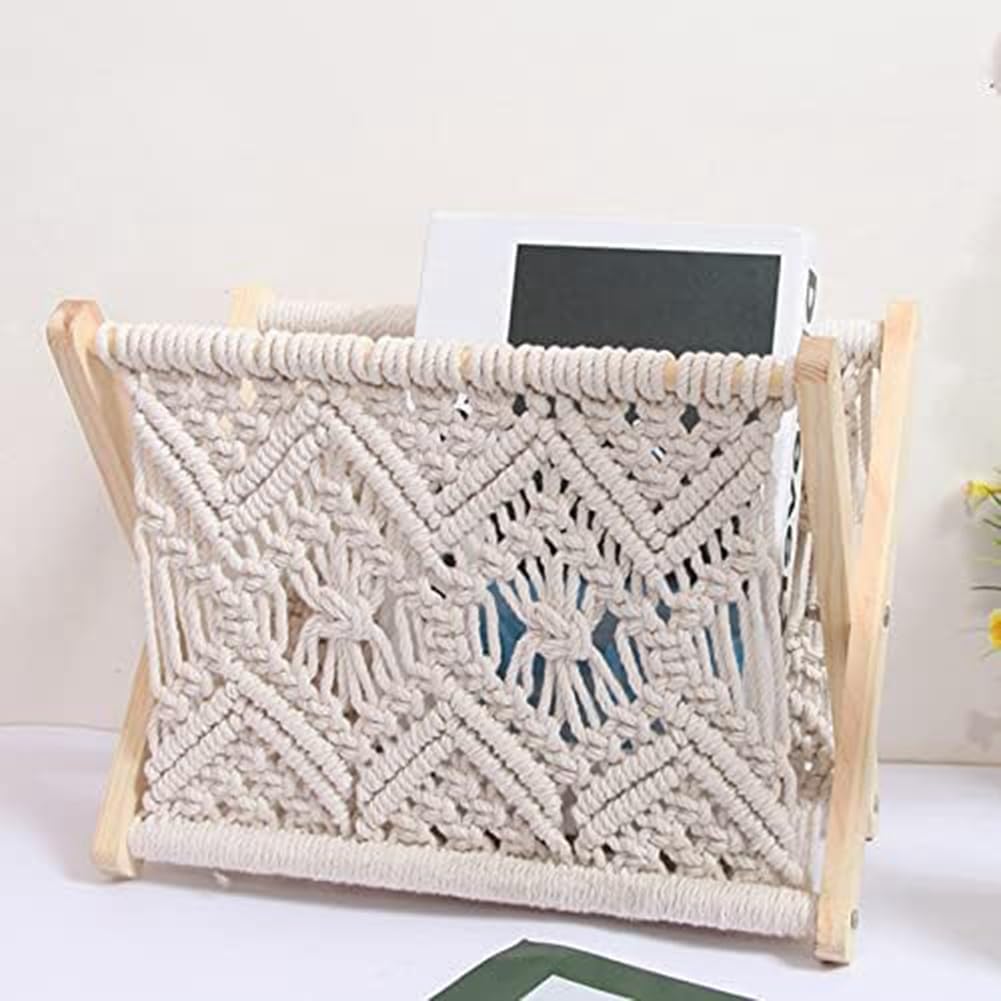 Revistero Bohemio Tejido Con Cuerda - Cesta Para Revistas Con Diseño De Tela De Cuerda - Almacenamiento Para Revistas
