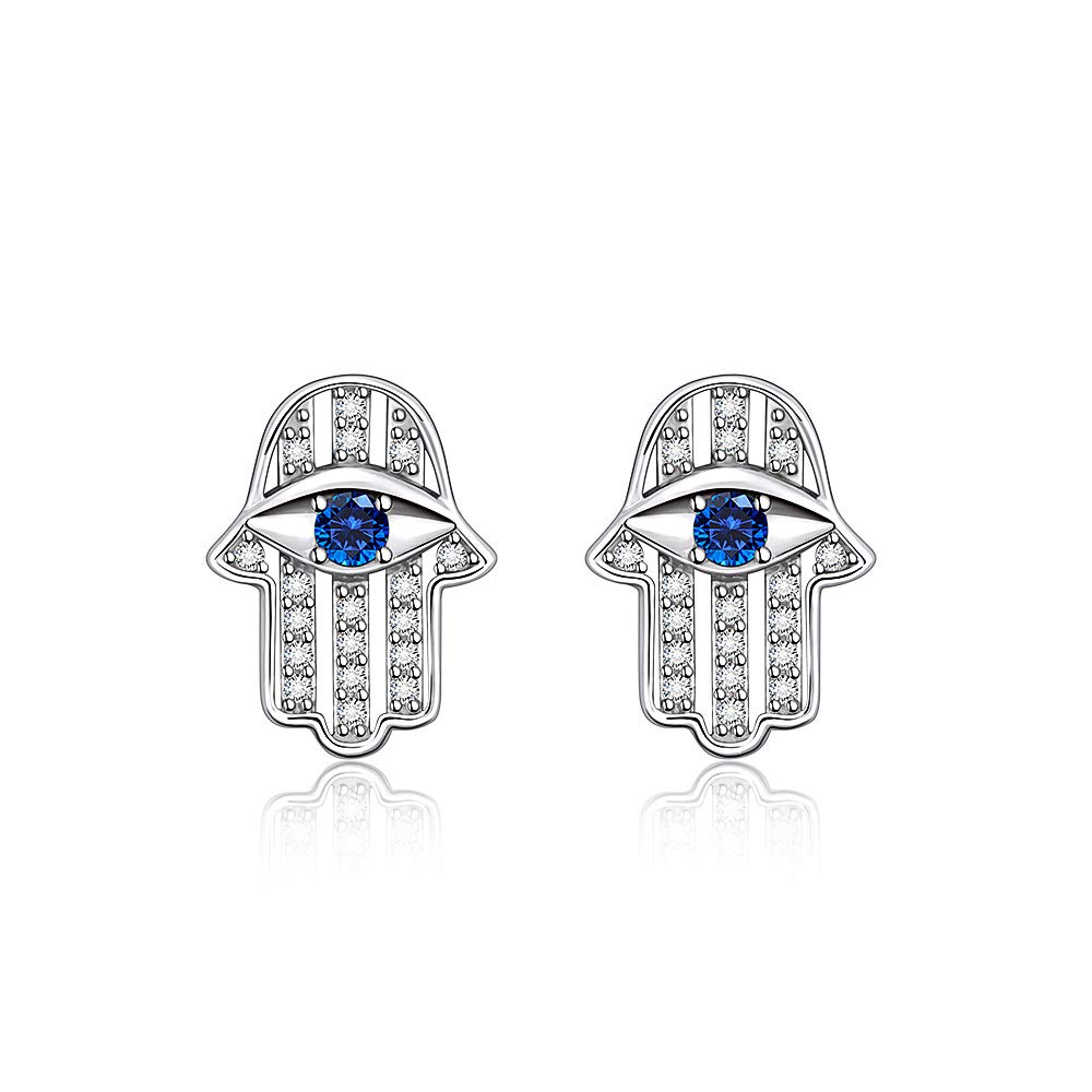 White Gold Hamsa Evil Eye Earrings Womens Stud Hypoallergenic Earrings for Sensitive Ears Minimalist Protection Jewelry for Women
