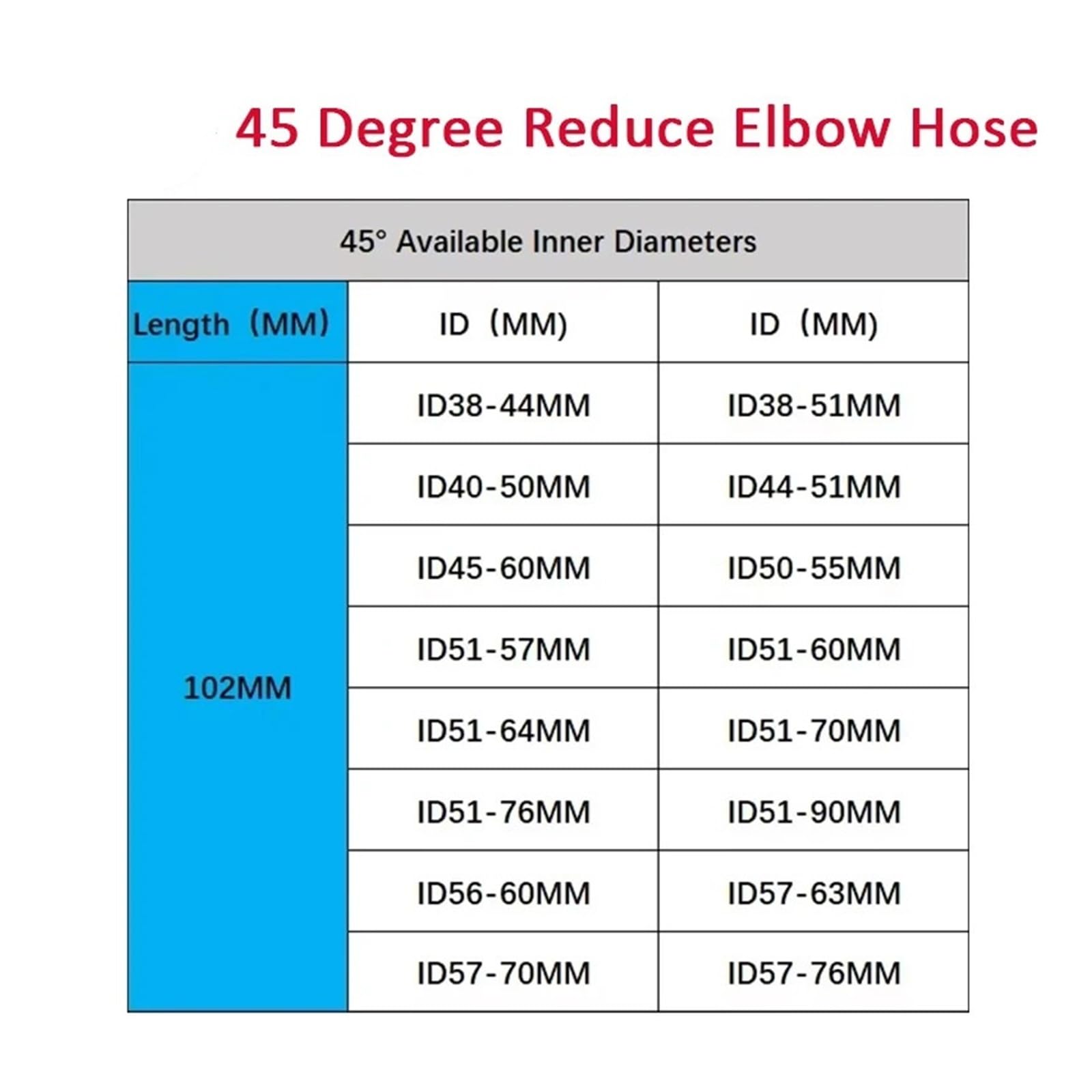 3PLY silikonowy łokieć redukcyjny 45 stopni, 38 mm-90 mm ID 102 mm matowy czarny wąż turbo (45-ID57-70 mm)