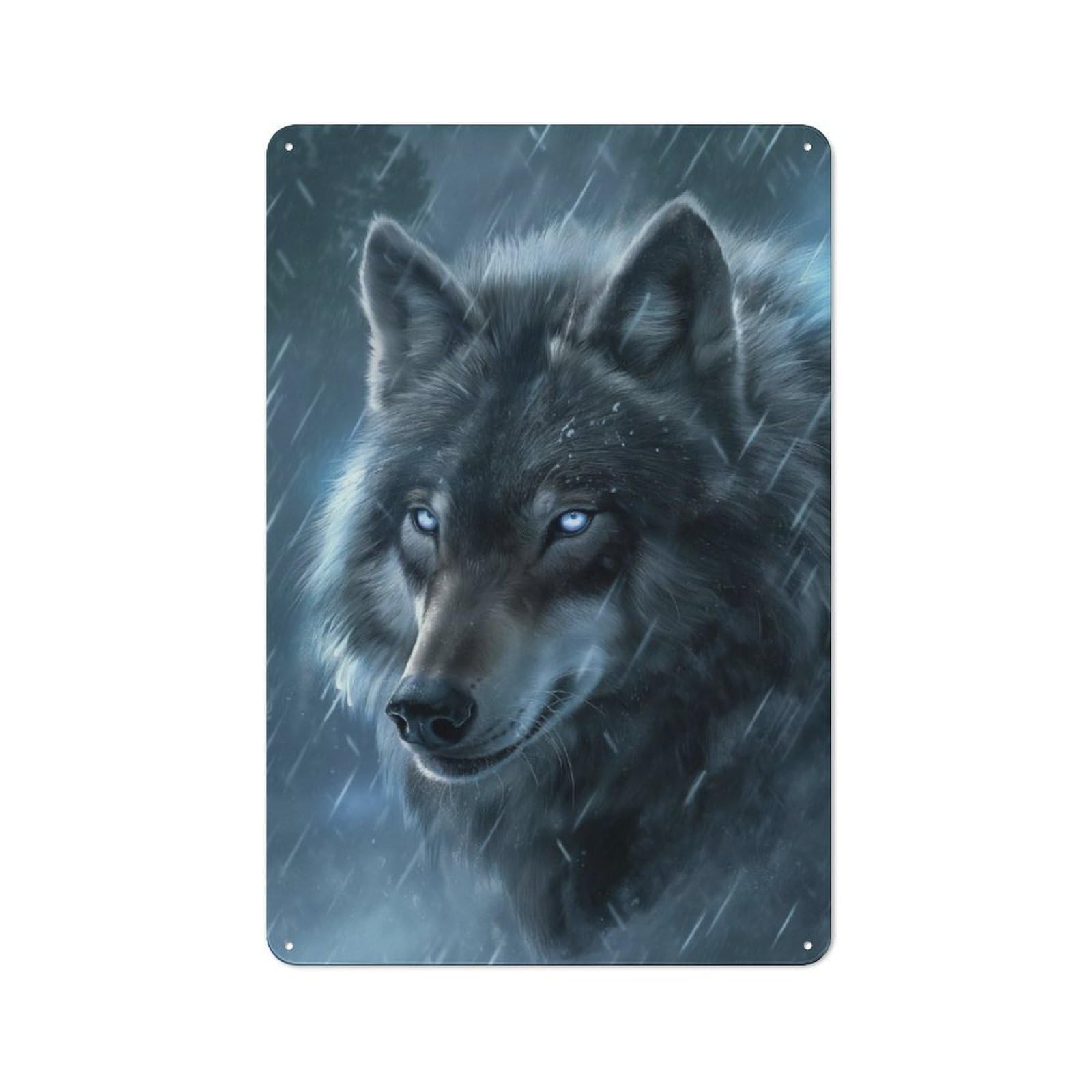Industrial Tin Wall Sign 30x20cm Featuring Fantasy Wolf Snow Magic, Urban Room Decor for Workspace, Cafe, Hallway Or Garage