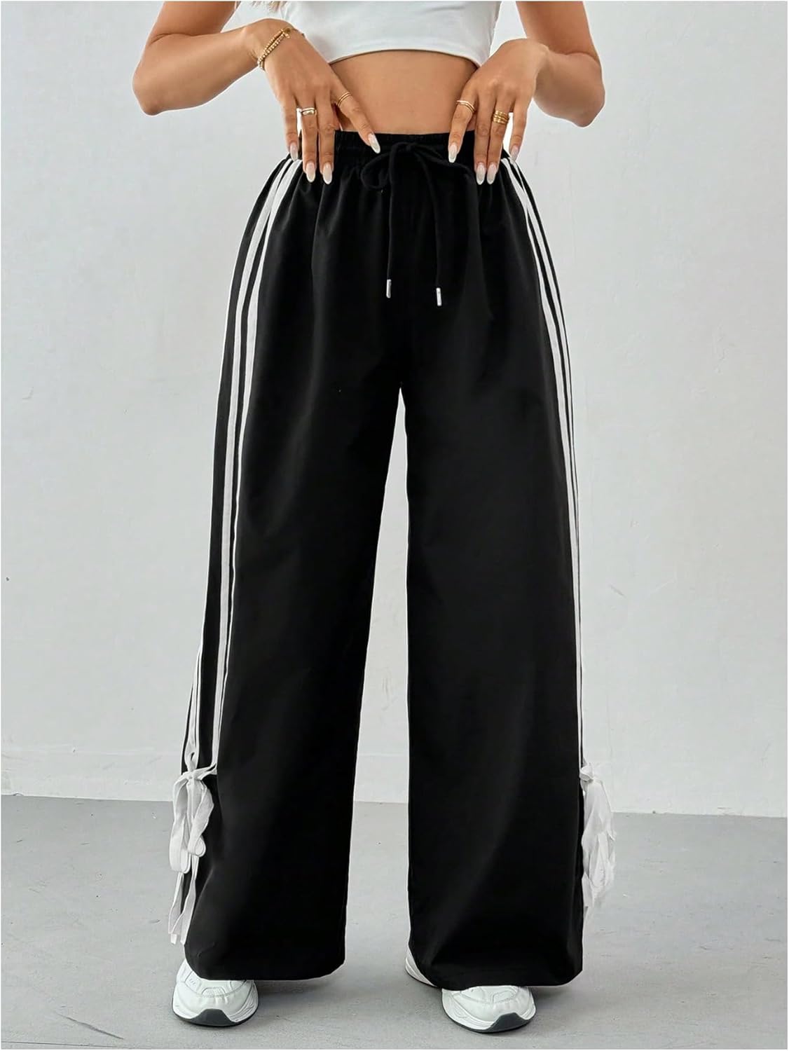 GORGLITTER Women's Casual Baggy Wide Leg Parachute Pants Bow Striped Elastic Waist Track Sweat Pants Trousers Bottoms - Image 5