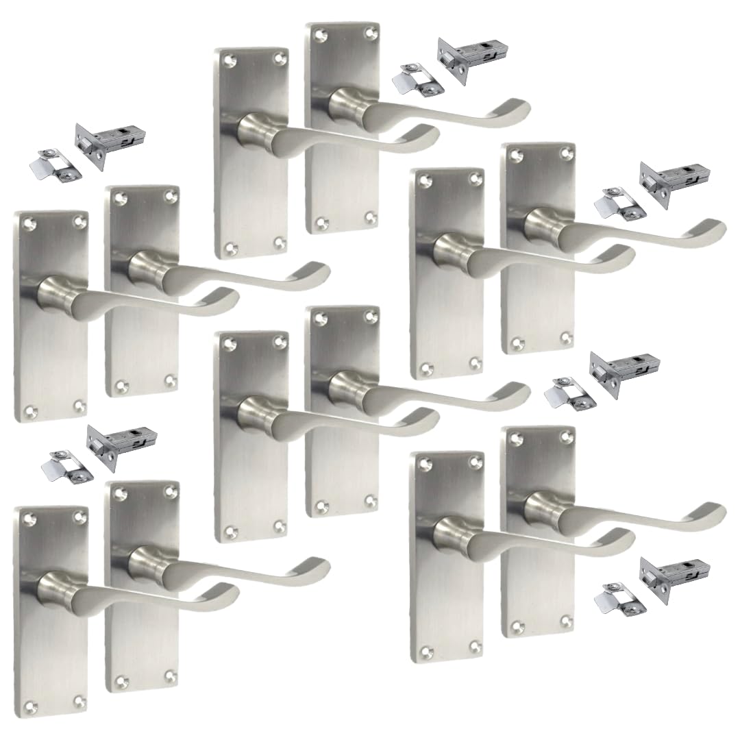 Epsom Door Handles Silver Victorian Scroll Interior Door Handles, Satin Nickel Finish, 118 x 42mm, 6 Pair + Latch