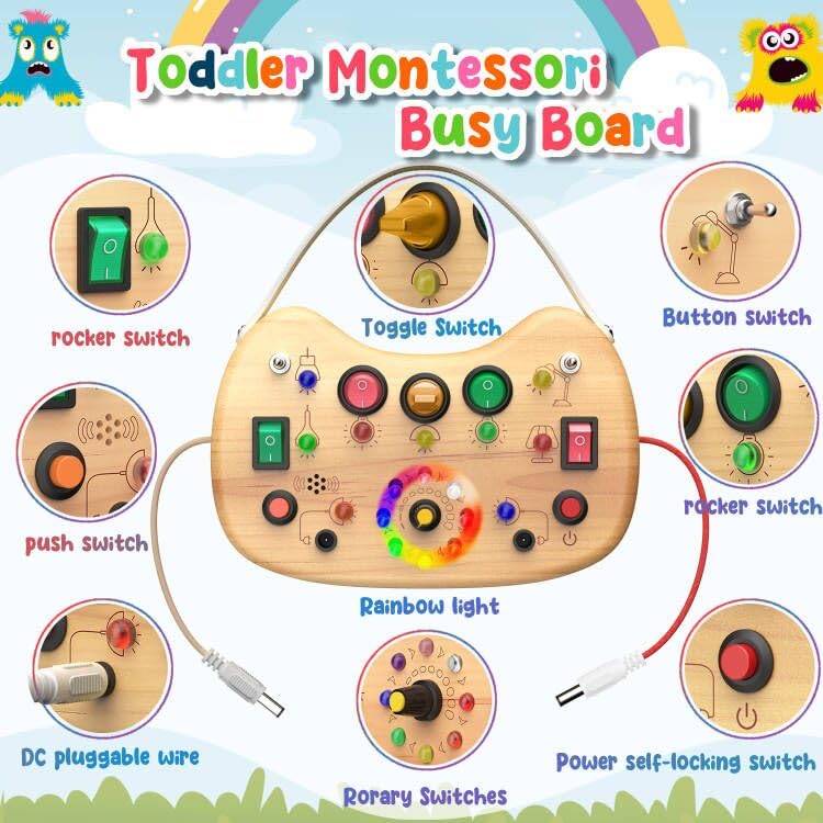 Image of Montessori Busy Board LED Light Switches,Toddler Toys for 1 2 3 Years Old