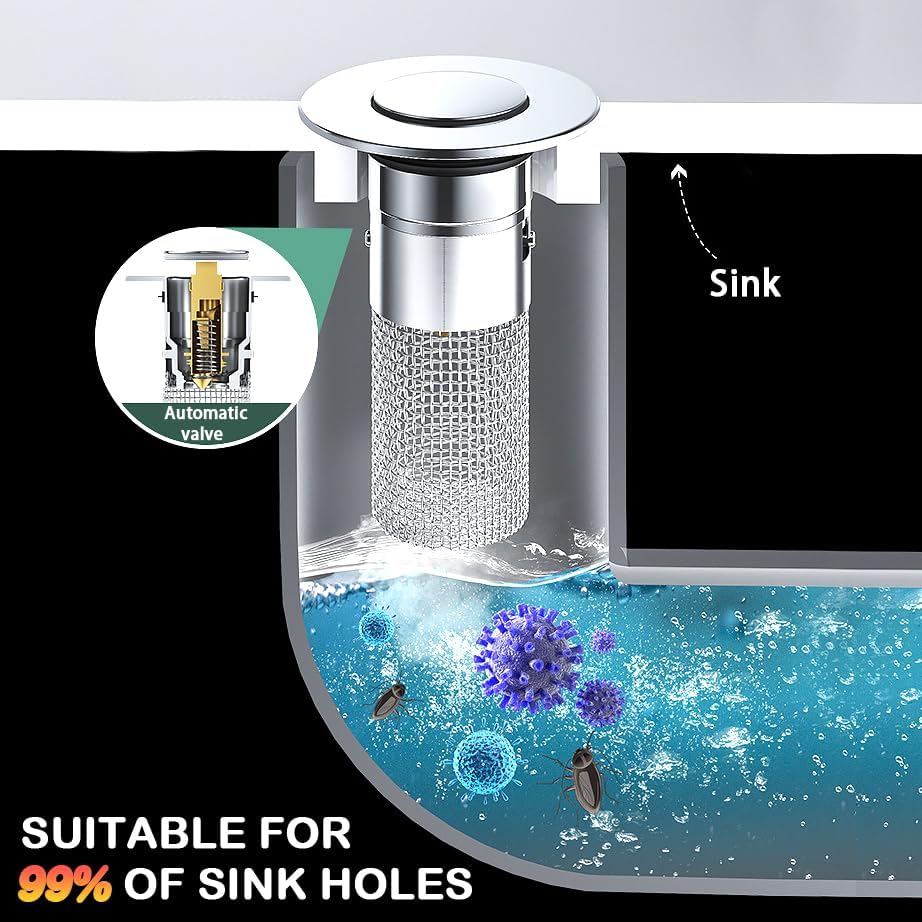 Pop Up Bathroom Sink Stopper, 2Pcs Bathroom Sink Drain Strainer with Removable Stainless Steel Filter Basket Hair Catcher, for US Universal Bathroom Basin Sink Stopper Replacement - Image 3