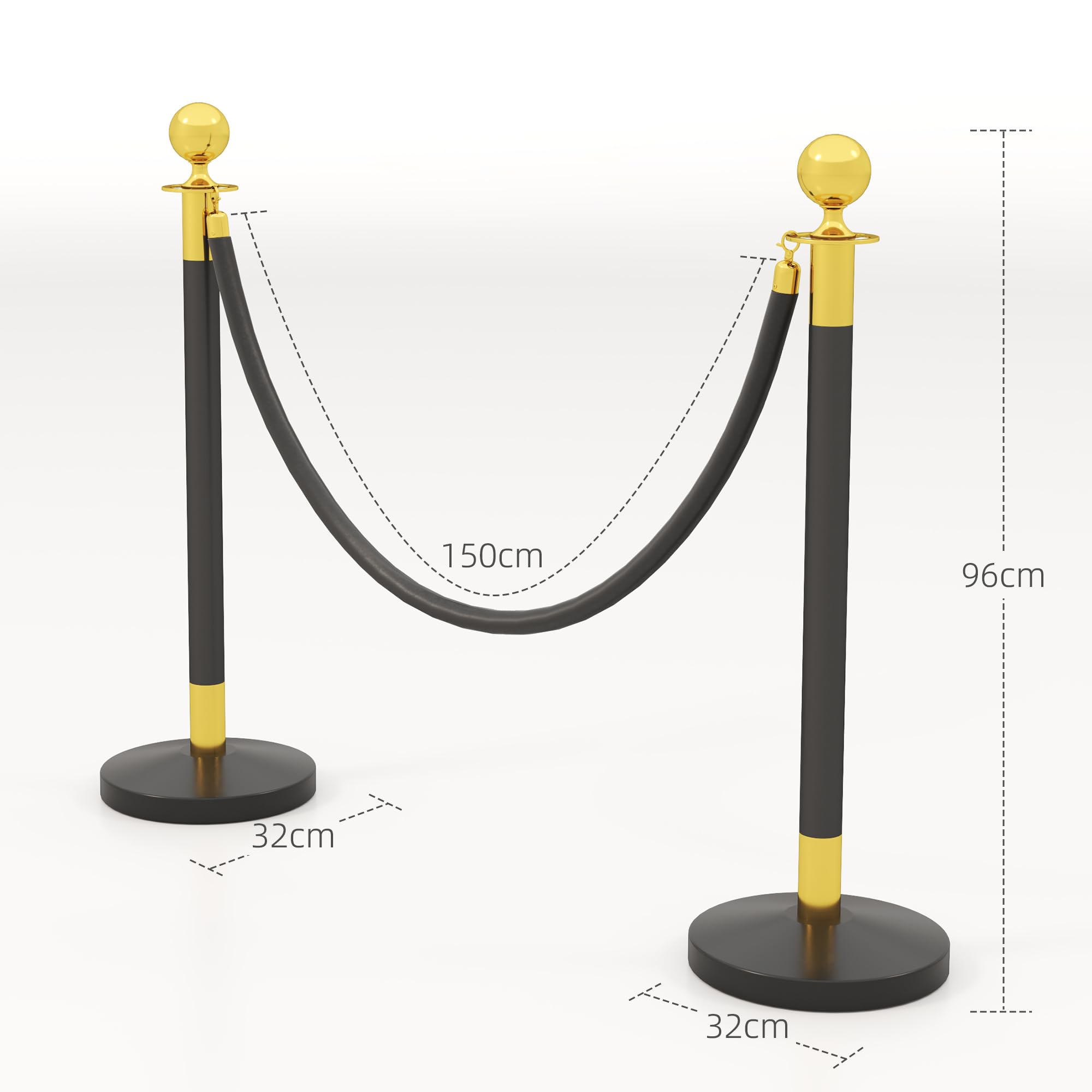 HOMCOM Colonnine Segnapercorso con Corda Vellutata di 1.5 m e Base Riempibile, Paletti Delimitazione Transenna Eliminacode in Acciaio Inox, per Hotel e Ristorante, Ø32x96 cm, Nero