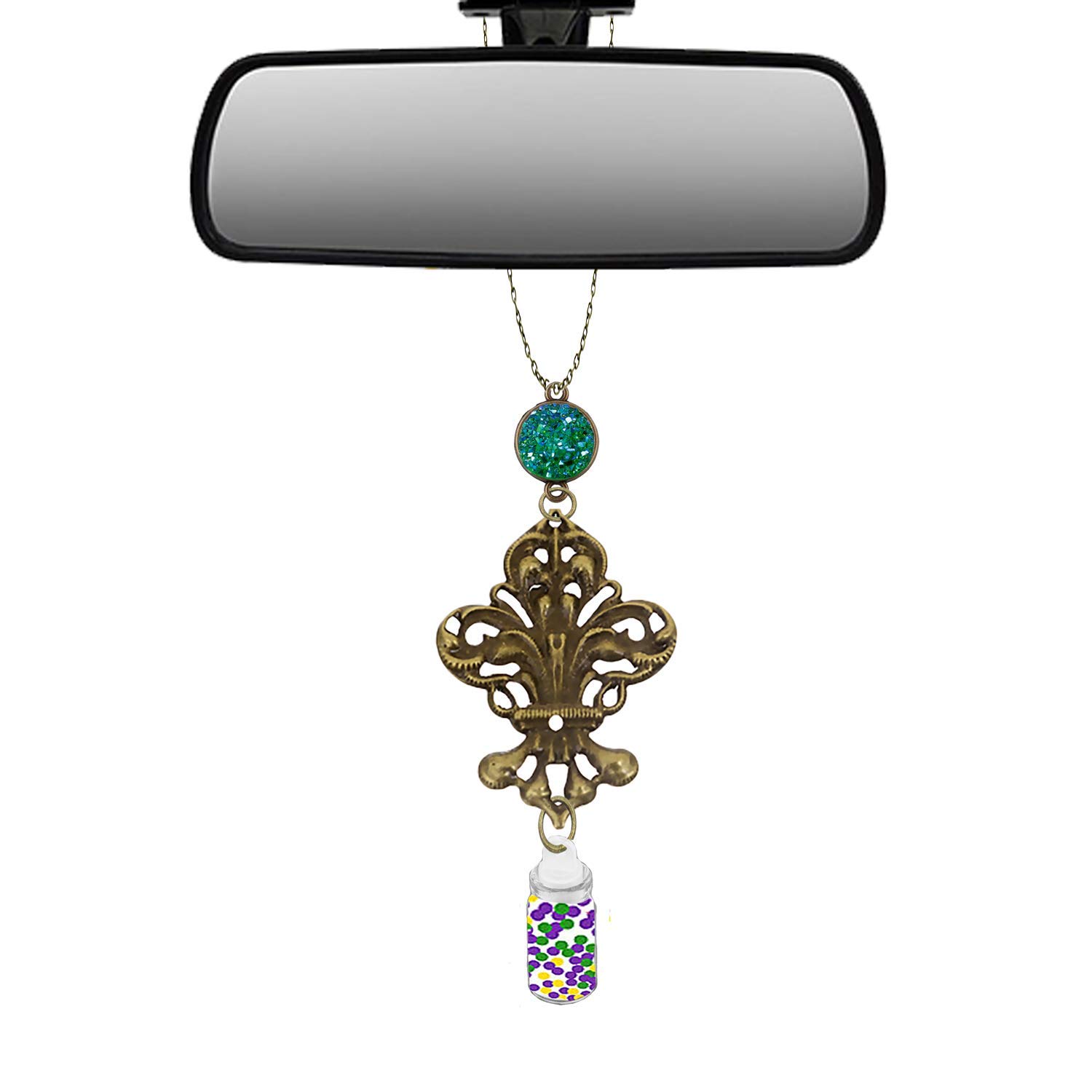 Handmade Original Design Fleur-de-Lis Car Charm Rear View Mirror Decor. Made in The USA (Fleur-de-Lis Car Charm with Green Glitter Charm and Wish Bottle)