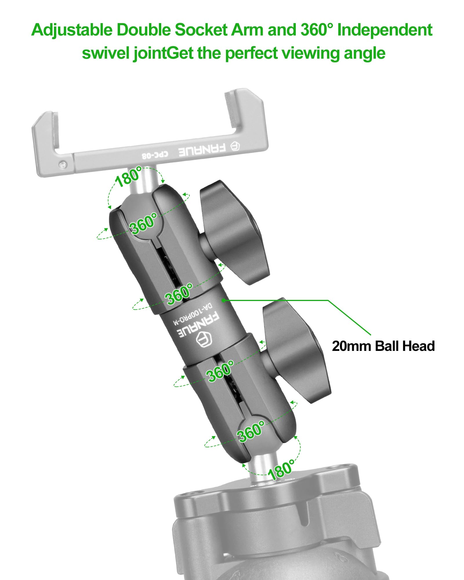 FANAUE 15 Cm Doppelhülsenarm – Halterung Für 20 Mm Kugelsockel, Aluminium, Verstellbar
