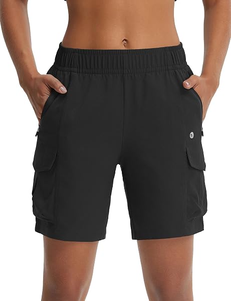 baleaf Pantaloncini cargo da donna con tasche con cerniera, resistenti all'acqua, ad asciugatura rapida, a vita alta, per passeggiate all'aperto, golf, viaggi estivi - 1