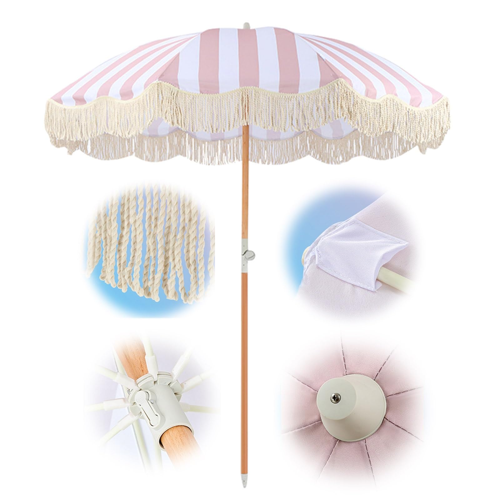 Sombrilla Playa Grande Con Borlas Rosa Sombrilla De Playa Portátil Hawaiano Parasol Jardin Inclinable 2m Sombrilla Terraza Exterior Sombrilla Jardín Impermeable Anti UV