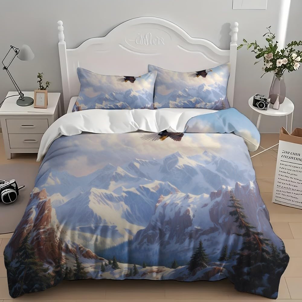 3-częściowy komplet pościeli 200 x 200 cm, z mikrofibry, góry, białe orły, krajobraz, poszewka na poduszkę z zamkiem błyskawicznym, 80 x 80 cm, naturalny, oddychający, nie wymaga prasowania i miękka