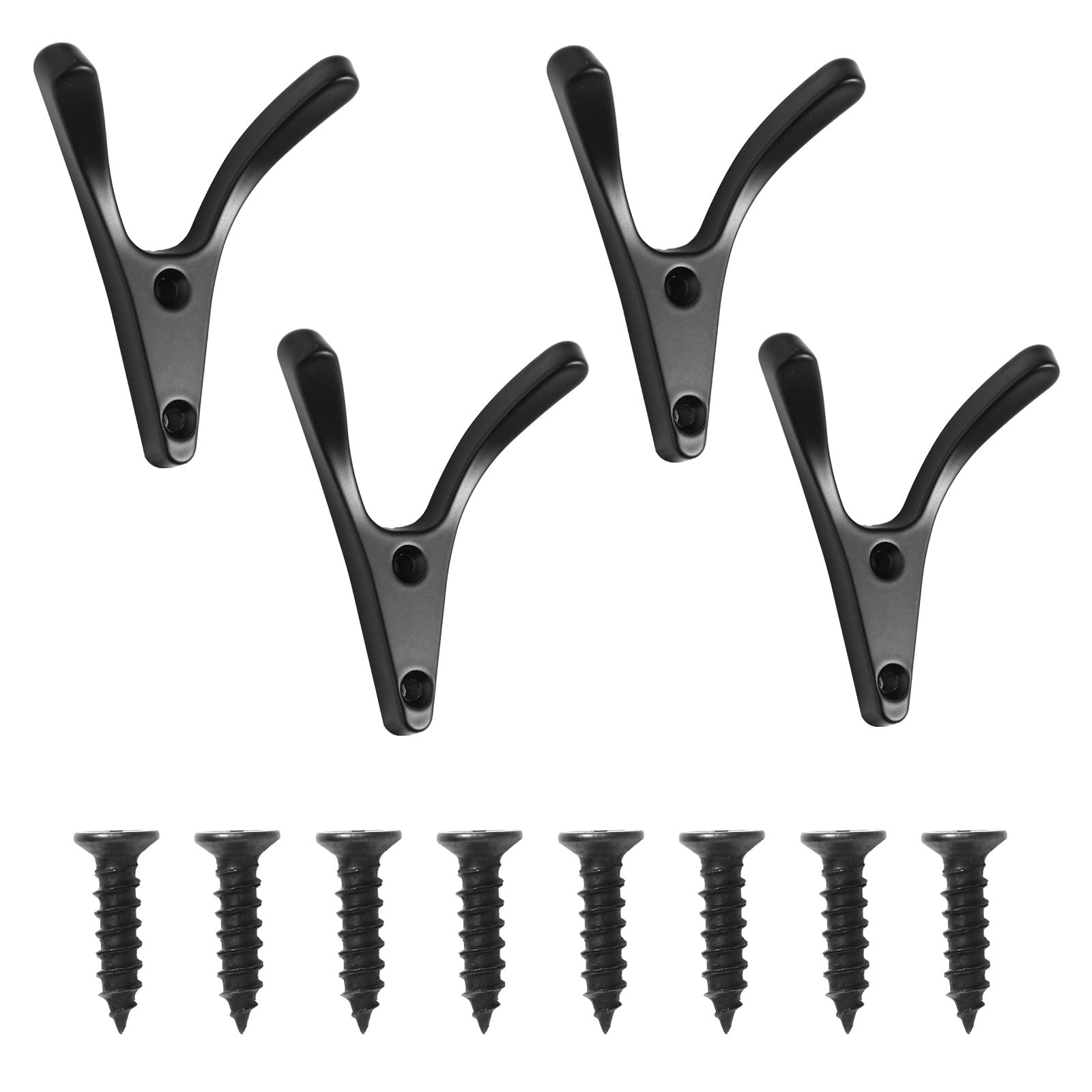 hetbees 4 Pack Heavy Duty Double Prong Coat Hooks Wall Mounted with 8 Screws, Simple and Retro Black Coat Hooks, Compact and Utility Wall Hooks for Coats, Scarves, Bags, Towels, Keys, and Caps
