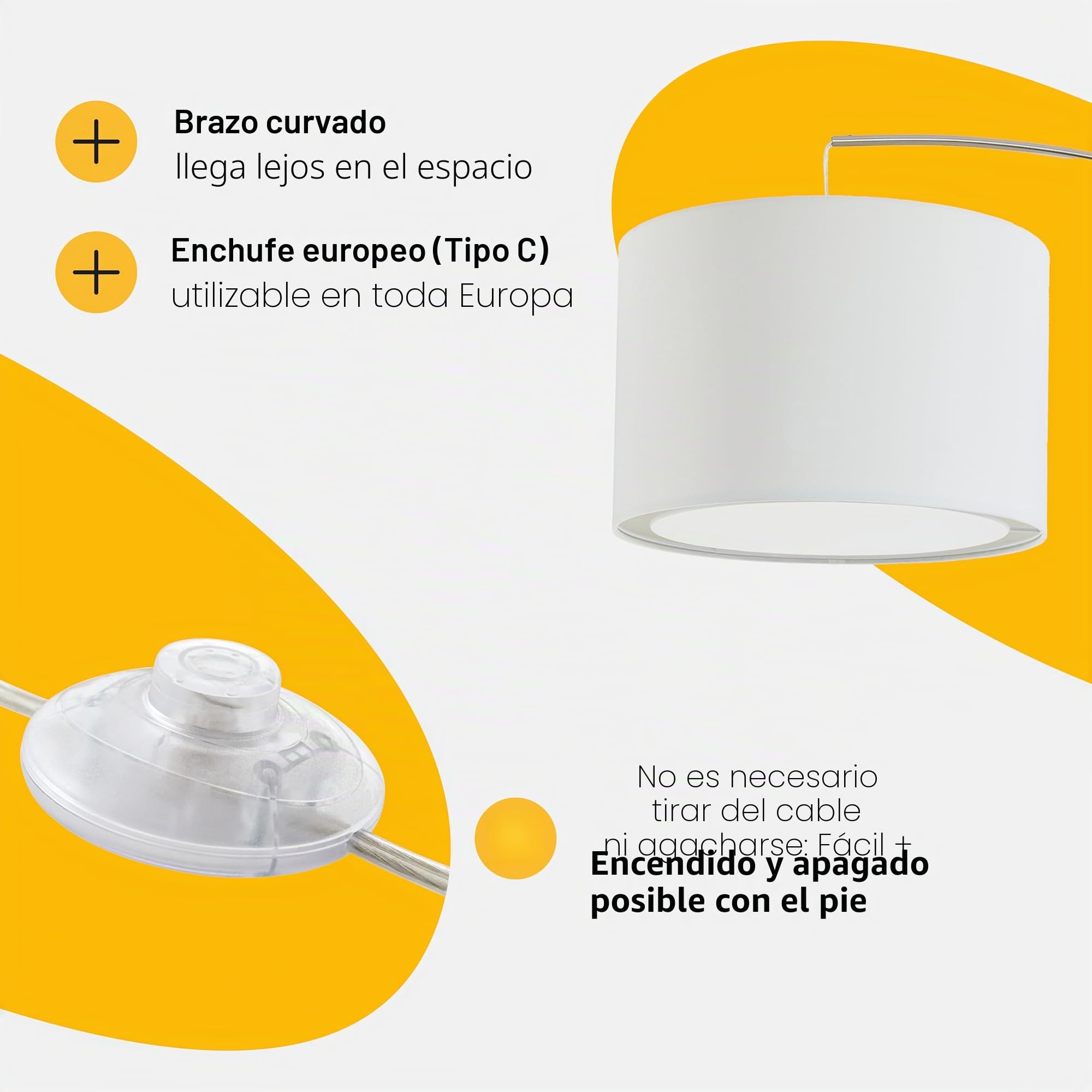 Brilliant Lámpara de pie de arco Lampe Clarie 1, 8m hierro/blanco | 1x A60, E27, apta para lámparas estándar (no incluidas) | Con interruptor de pie