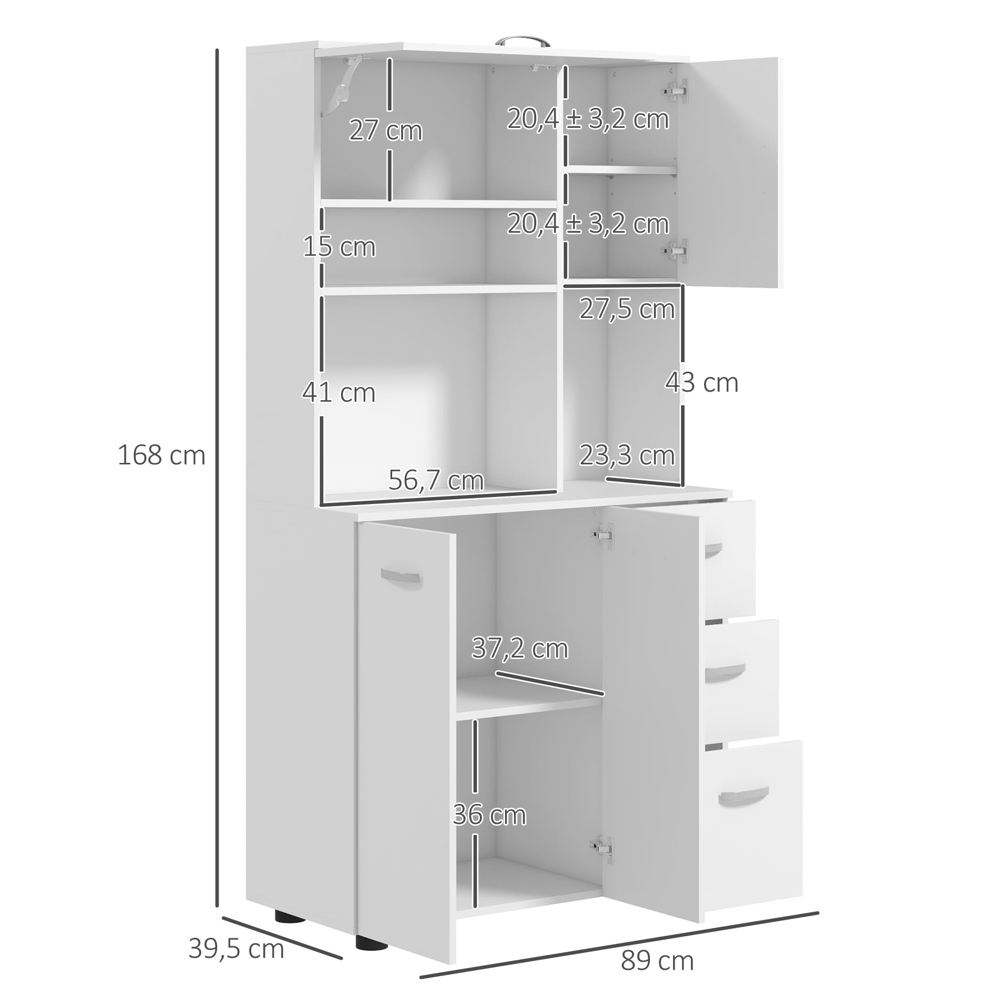 HOMCOM Küchenschrank Hochschrank mit 3 Offenen Fächern, 4 Türen und 3 Schubladen Buffetschrank Vitrinenschrank Mikrowellenschrank mit Verstellbaren Ablagen, Weiß, 89 x 39,5 x 168 cm