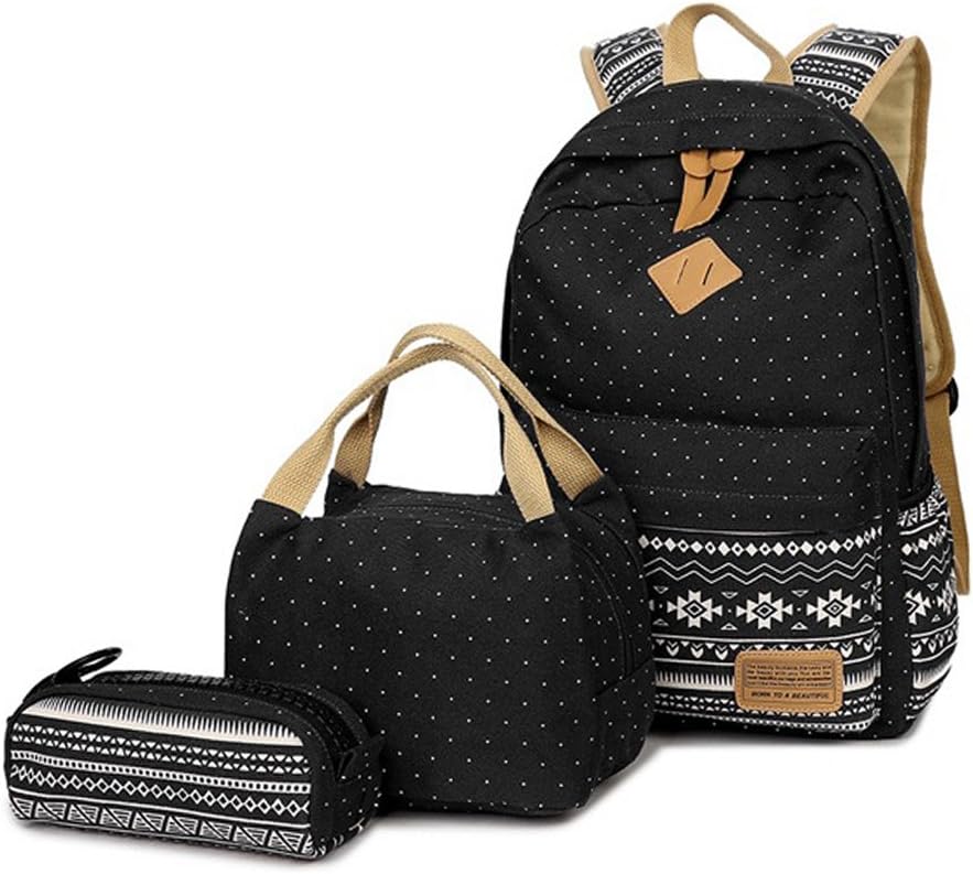 Malaxlx Girls School Backpacks, Casual Lightweight Canvas College Laptop Backpack + Lunch Box + Pencil Case for Teen Youth Student (Black)