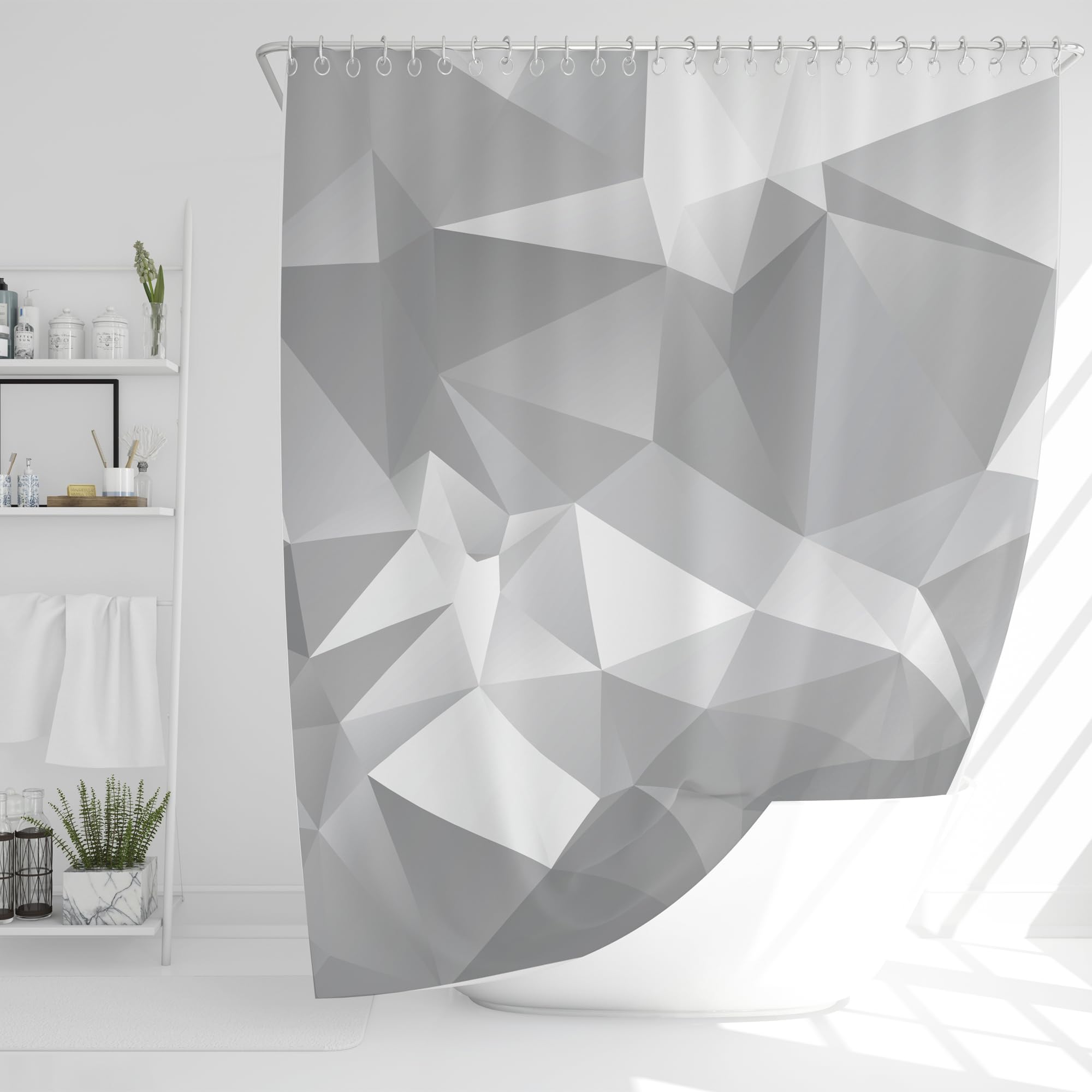 Jj Prime Grey Polygonal - Bathroom Shower Curtains Mould Proof Resistant 180X180cm | Large Waterproof Pale Grey Polygon Abstract Shower Curtain | Wet Room Light Grey Diamente Shower Curtain (Grey Polygonal)
