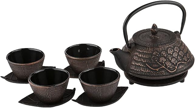 lachineuse Cast Iron Tea Service with Cherry Blossom Motif for 4 People