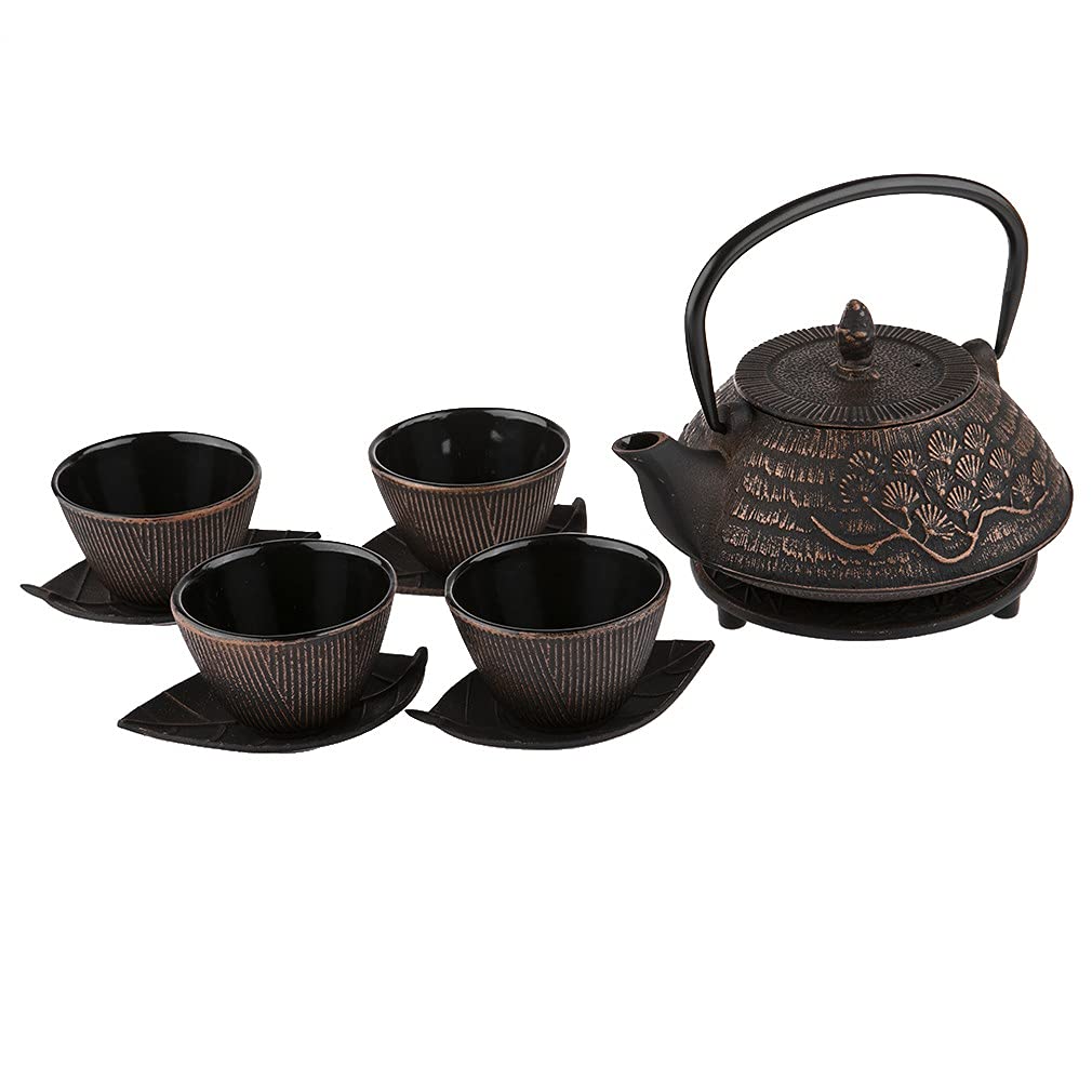 lachineuse - Service à Thé en Fonte - Fleurs Cerisiers - Capacité 0,8L | 1 théière - 4 tasses et 1 filtre - Décoration Japonaise Asiatique - Idée Cadeau Vaisselle Japonaise - Coloris Noir & Bronze