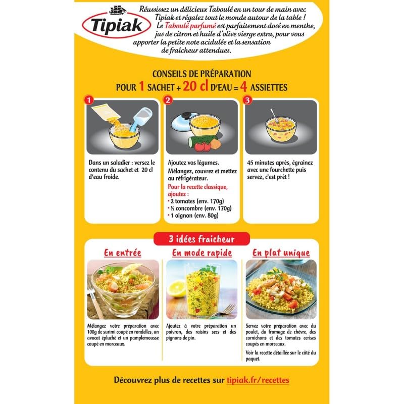 TIPIAK - Taboulé Menthe Citron en 350g avec huile d'olive - Préparation savoureuse de céréales et légumes secs pour un repas d'été réussi. - Lot De 4 - Vendu Par Lot