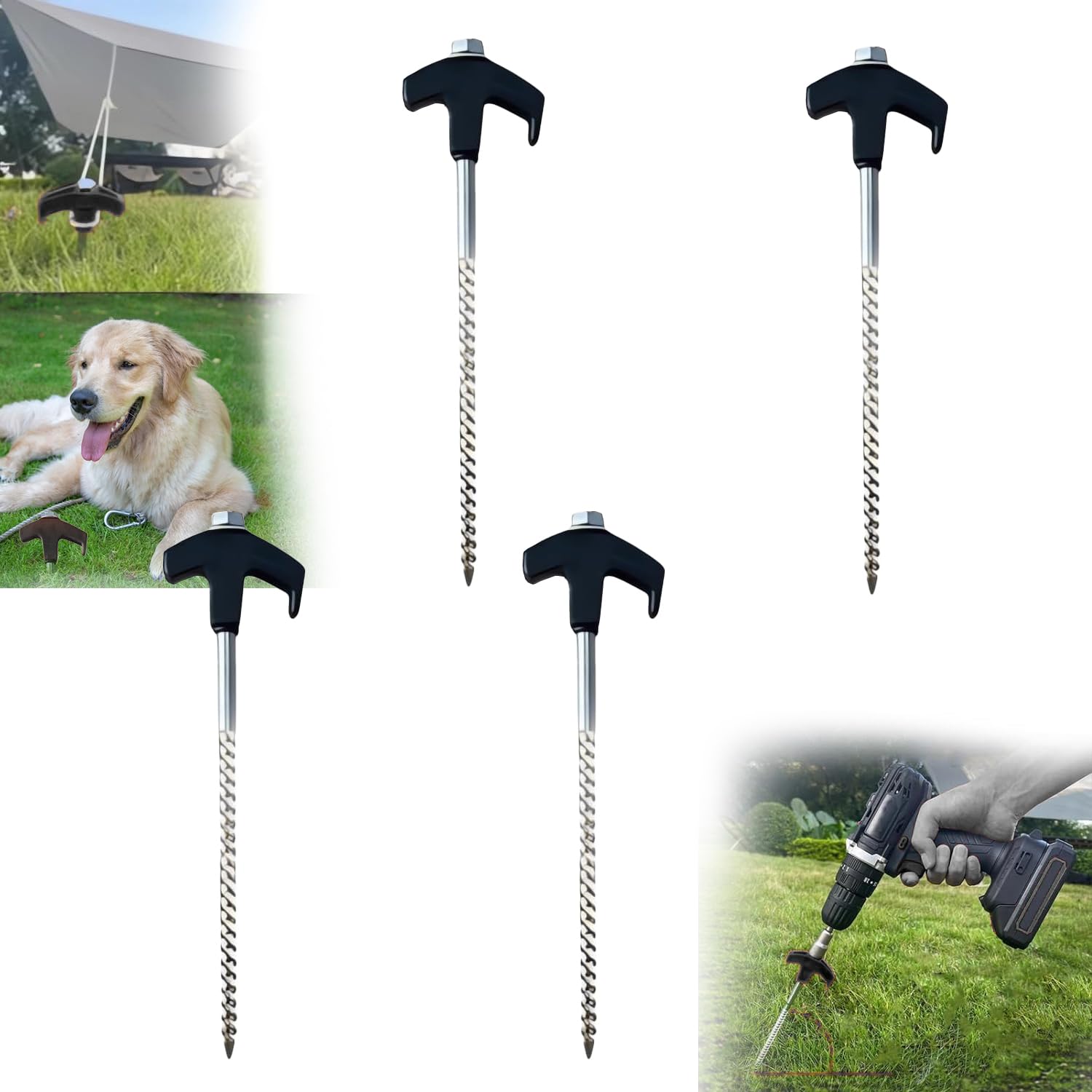 8" Screw in Tent Stakes Heavy Duty, Ground Anchors Screw in, Metal Threaded Tent Spikes, Tent Pegs Camping Stakes, Tent Stakes for Trampoline Tent Canopy Dog Anchors Outdoor Camping (4PCS, Black)