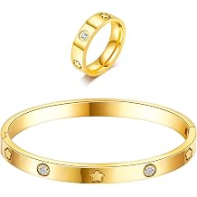 Lucky Five-Leaf Grass Bracelet Ring Set, 18K Gold Plated Five Leaf Clover Zircon Ring Bracelet, Flower Link Bracelets Set, Valentines Day Jewelry Gifts for Women
