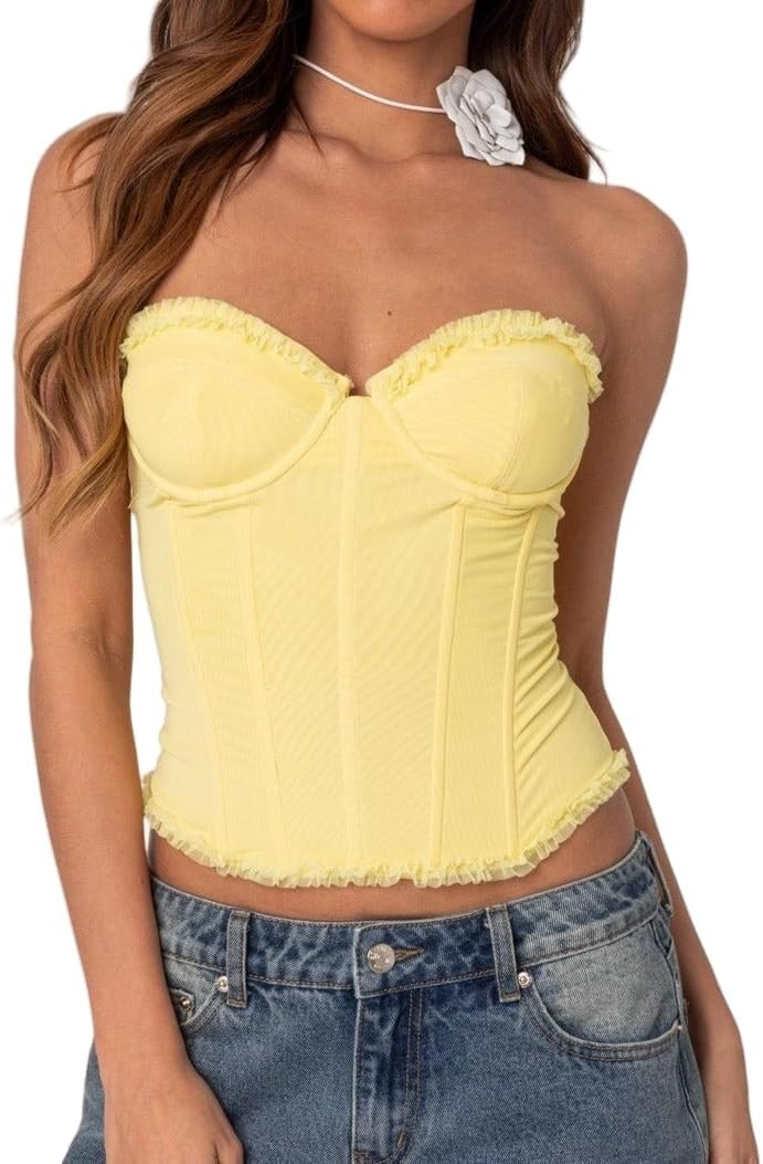 Women Sexy Heart Cut Out Strapless Corset Lace Up Bustier Tops Backless Zipper Cropped Tube Top