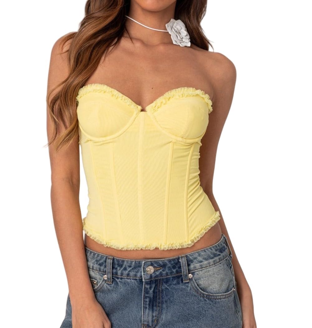 Women Sexy Y2K Lace Up Mesh Strapless Bustier Top Overbust Corset-picture-20