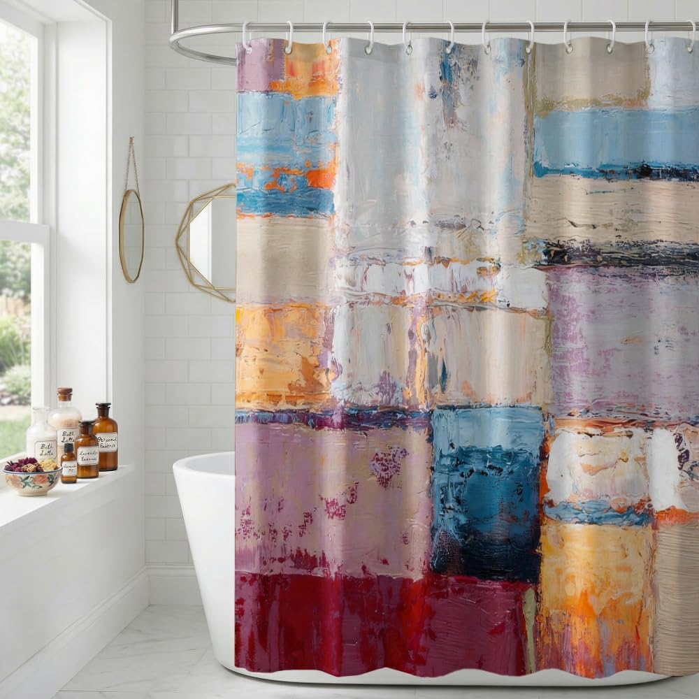 Rohxyzo Abstract Oil Painting Washable Shower Curtain 180 x 180 – Modern Impasto Colour Block Art, Polyester Fabric Shower Curtains for Bathroom, Wet Room Shower Curtain with 12 Hooks