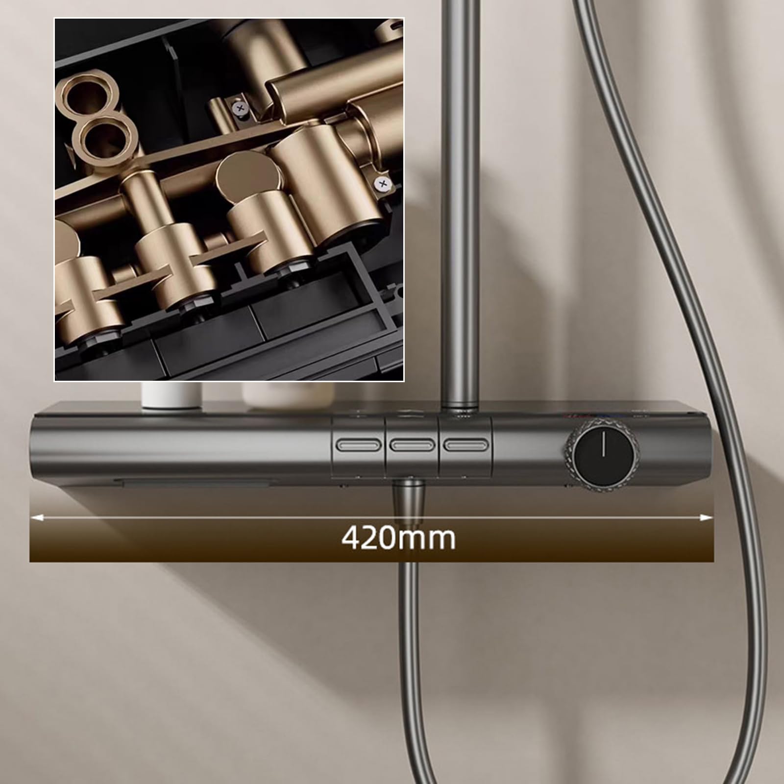 Set di soffione doccia quadrato di alta qualità con tubo flessibile da 3 m regolabile per vasca da bagno calda e fredda in ottone con finitura grigia per un'esperienza di bagno simile a una spa