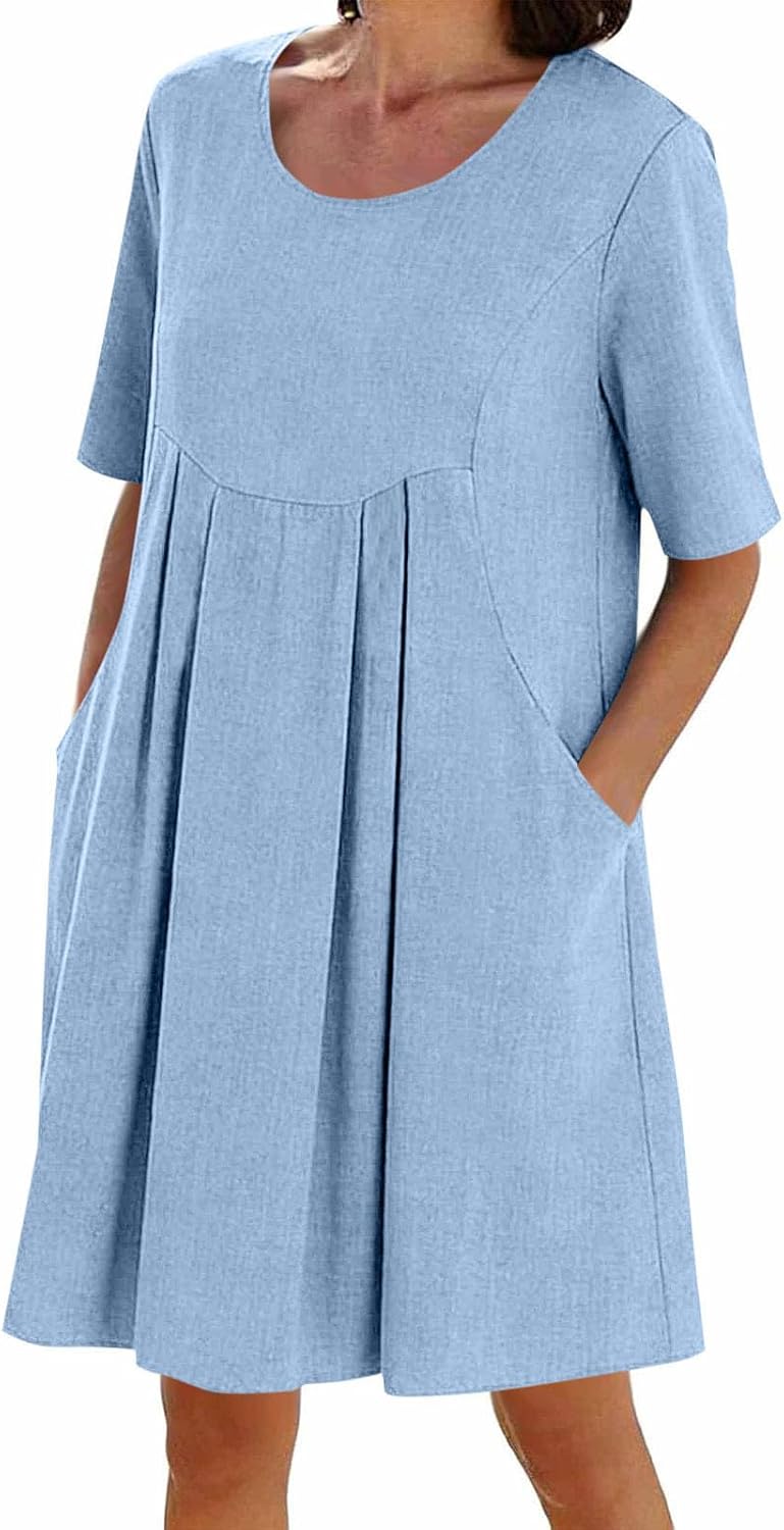 Womens Summer Midi Dresses Casual Loose Fit Short Sleeve Scoop Neck Flowy Tiered Beach T Shirts Dress with Pockets