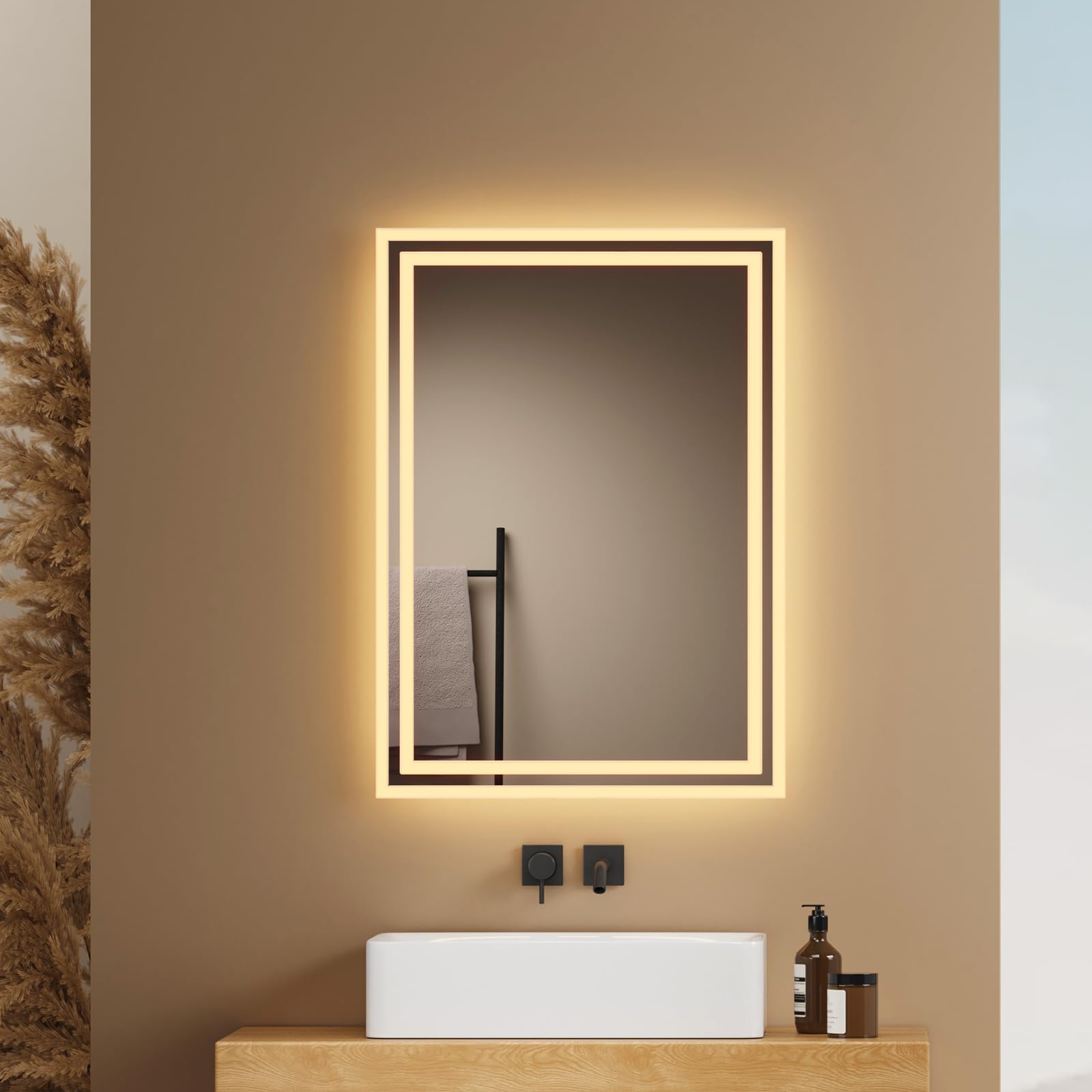 EMKE Badspiegel mit Beleuchtung 50x70cm, Badezimmerspiegel mit Warmweiß Licht 3000K, Wandschalter, badezimmerspiegel mit licht ideal für Badezimmer