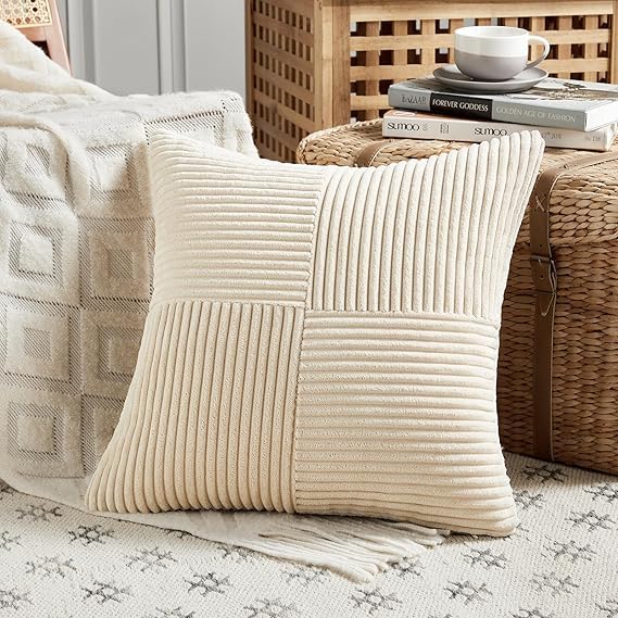 Image of Guffaw Corduroy Pillow Covers Boho Decorative Spliced Throw Pillow Covers Soft Solid Couch Pillowcases Cross Patchwork Cushion Covers for Living Room Bed Sofa 16x16 inch (1, Cream)