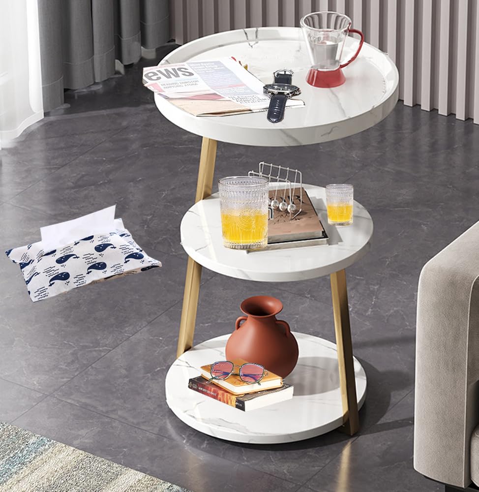 IS MUHERound Side Table, Modern End Table in Living Room, 3 Tier Sofa Side Table, Wooden Bedside Desk Stand, Industrial Style Coffee Table for Home Decoration, Rustic (White)