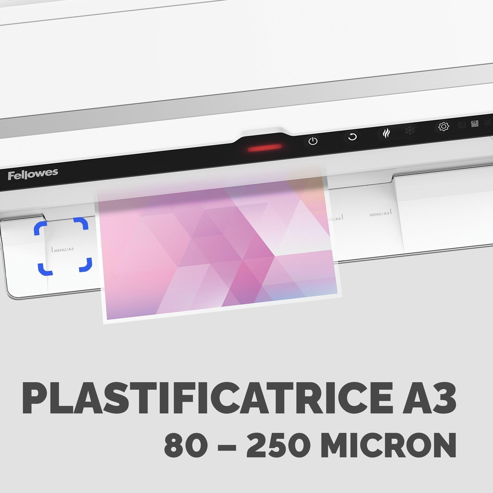 Fellowes plastificatrice a caldo Venus A3, formato A3, fino a 250 micron, per ufficio, riscaldamento rapido, con retromarcia e modalità riposo, colore bianco, incluso starter pack di 10 pouches