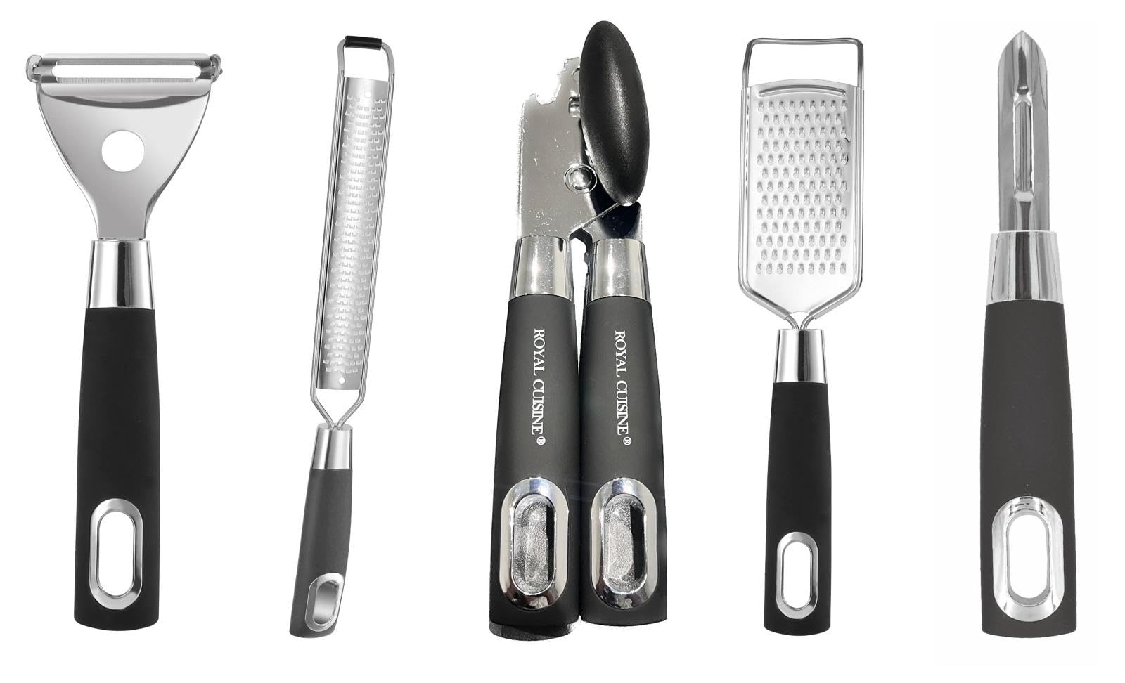 Royal Cuisine Set of 5 Stainless Steel Kitchen Gadgets Including 2 Potato Peelers 2 Cheese Graters 1 Can Opener-Kitchen Utensils