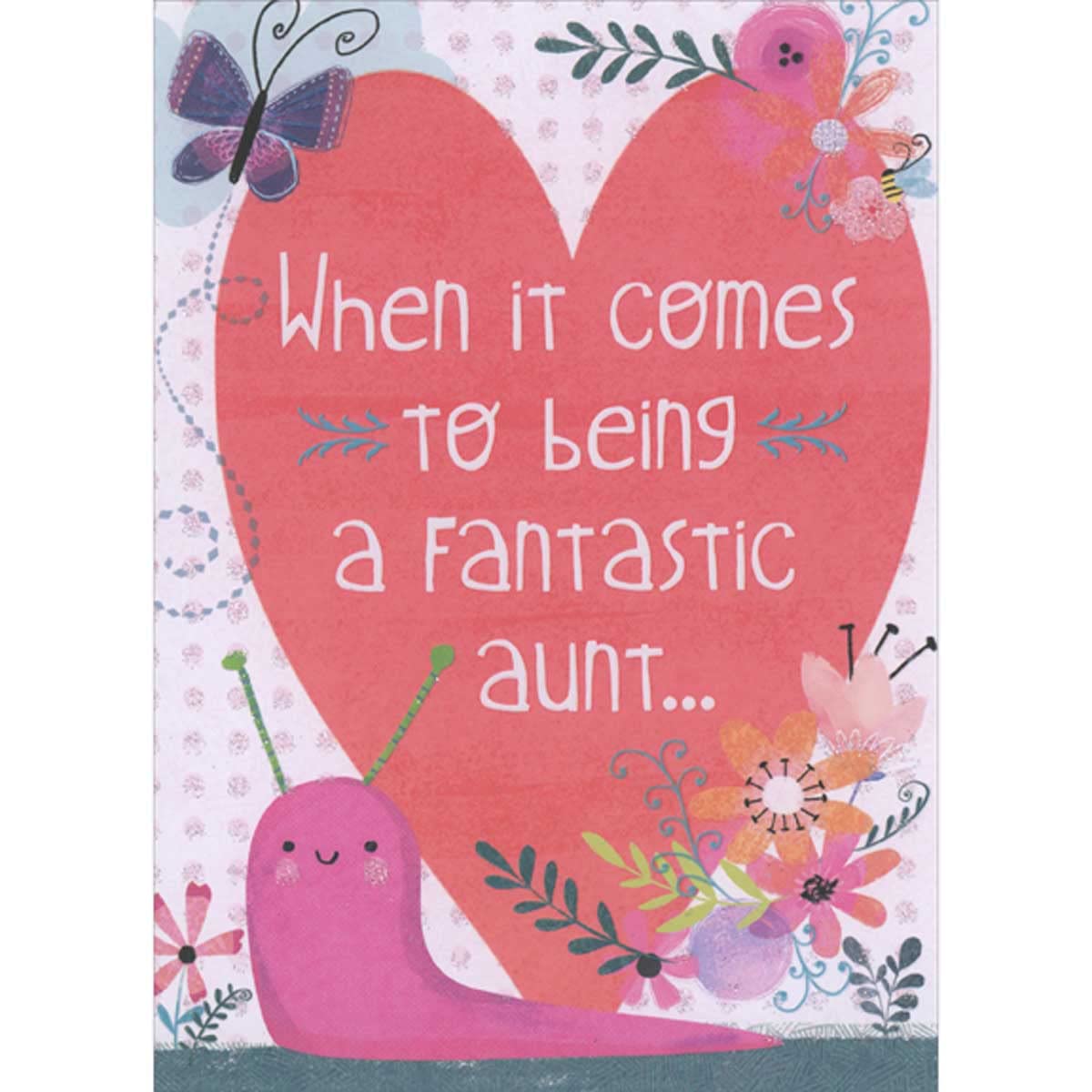 Designer Greetings Cute Pink Snail with Large Pink Heart Shell, Flowers and Butterfly Juvenile Valentine's Day Card for Aunt