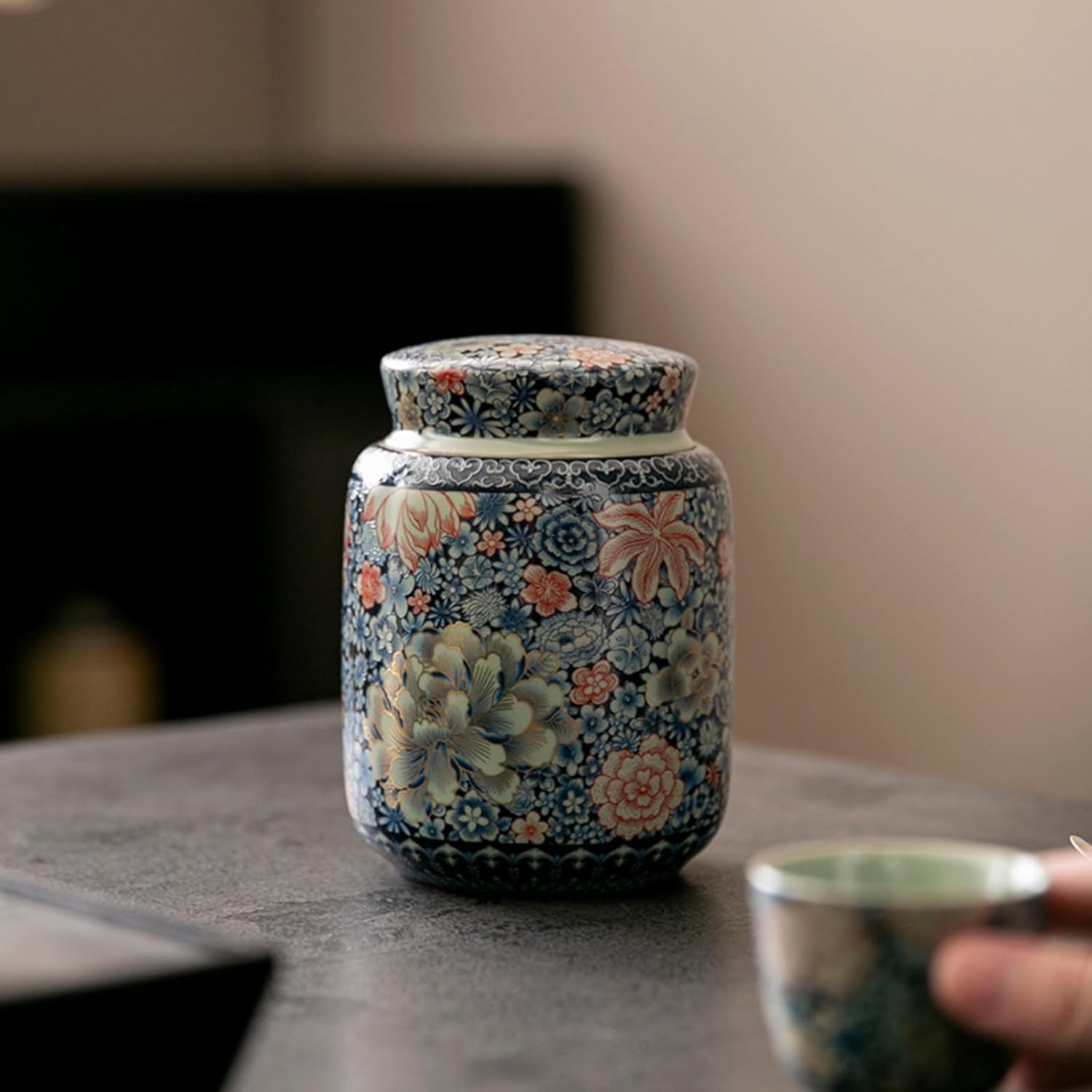 Ru Kiln Tea Caddy Blue and White Porcelain, 200ml 6.8oz, Ceramics Chinese Style Vintage Tea Storage Jar