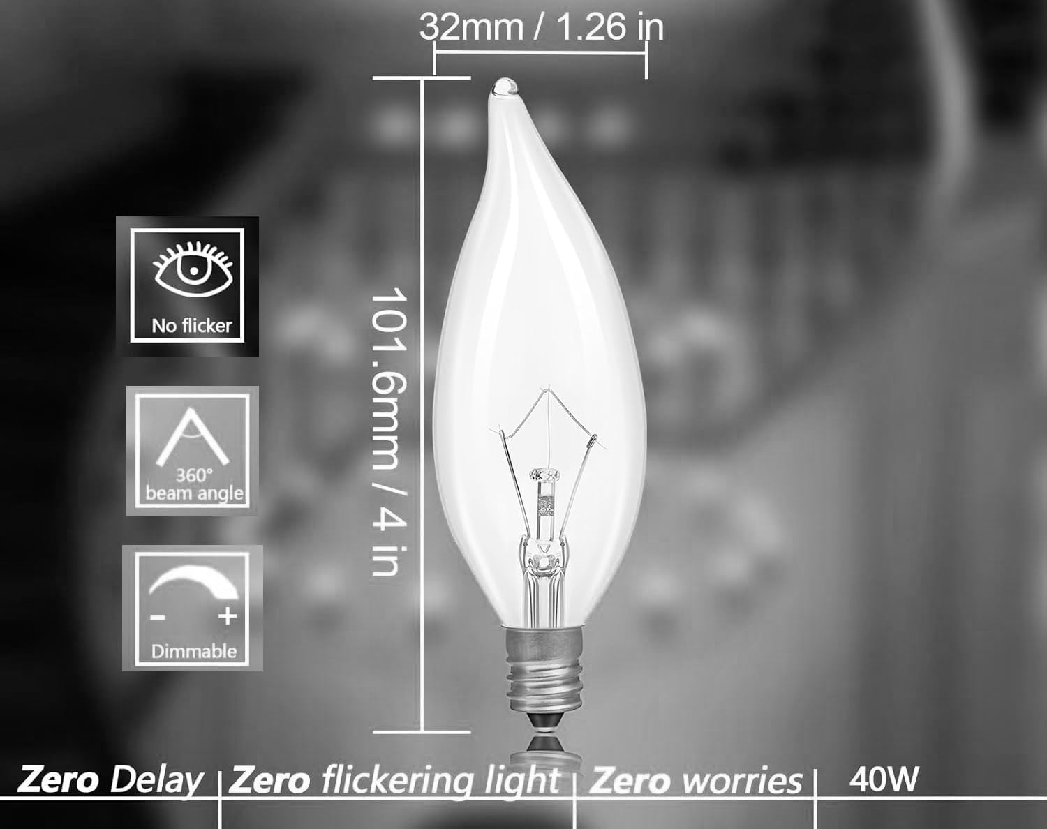 Set of 12 Chandelier Bulbs - Incandescent 40 Watt - Warm Lighting - Clear Bulb - 500 Lumens - Candelabra Base - E12 (12)