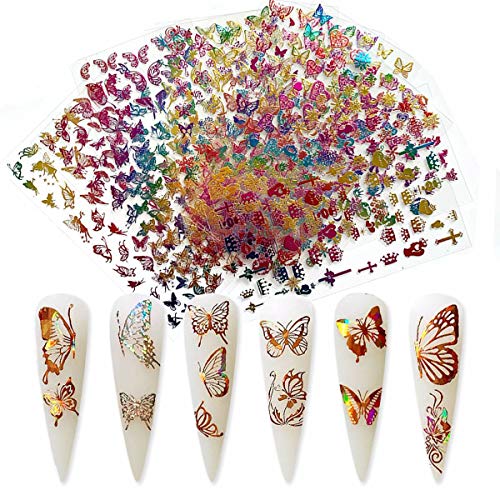 Butterfly Nail Art Sticker Decals Gold Nail Art Adhesive 3D Sticker Butterfly Design Nail Foil Luxury Laser Gradient Colorful Eros Butterflies Sticker for Acrylic Nails Design (Colorful)