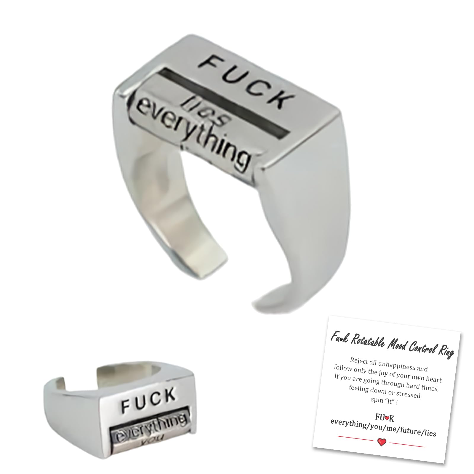 Creative Fu*K Rotatable Mood Control Rings, Adjustable Fuck You Fuck Everything Spinner Rings, Mood Interactive Ring Fu*k Anxiety Fidget Ring, Handmade Inspirational Jewelry Gifts for Women Men