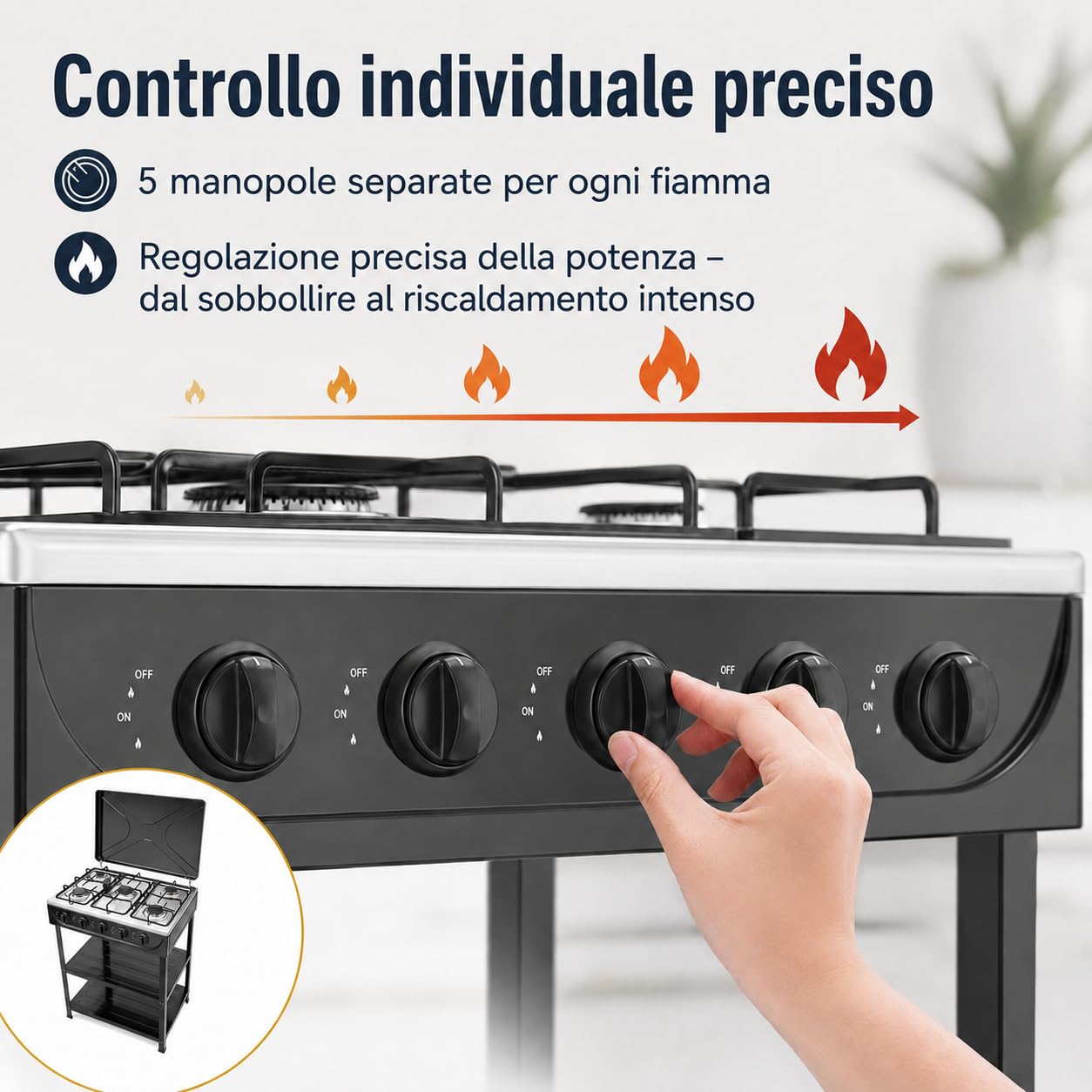 Piano cottura a gas, 5 fuochi, 2,5 kW, portatile, per campeggio e casa