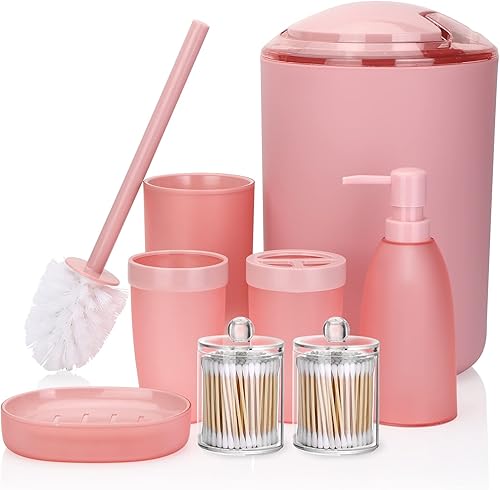 OTOSTAR Juego de accesorios de baño, 8 piezas, color rosa, juego de accesorios de baño con bote de basura, dispensador de jabón, soporte para