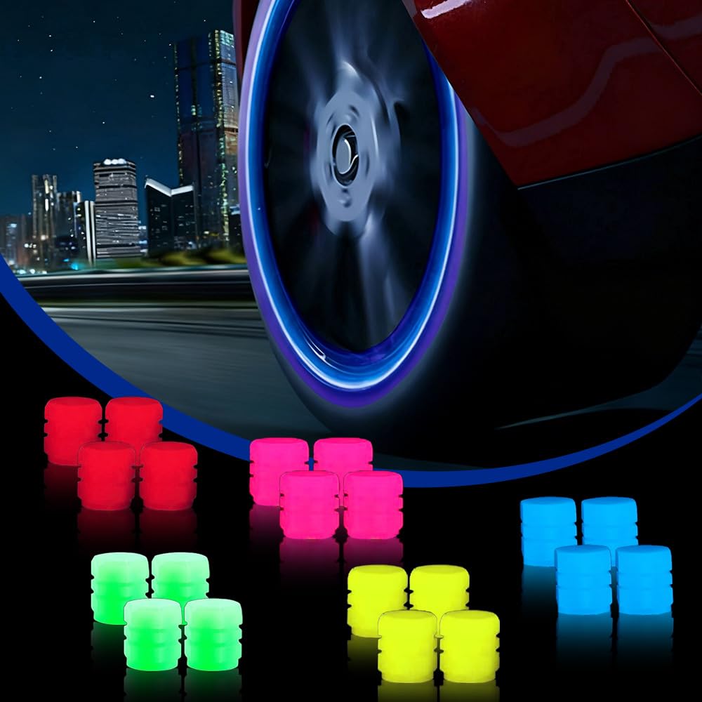 2026 Upgrade Glow in The Dark Tire Valve Caps, Fluorescent Stem Caps Universal for Car SUV Motorcycle Bicycle Truck, Glow Valve Stem Caps Night Visibility Accessories (5 Color-20pcs)