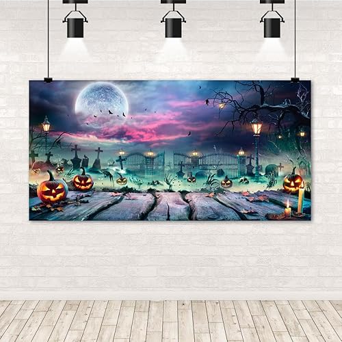 Miniatura 5 de Caaerttply Telón de fondo de Halloween para fotografía de Halloween con calavera de cementerio aterrador para fotografía de 20 x 10 pies, telón de