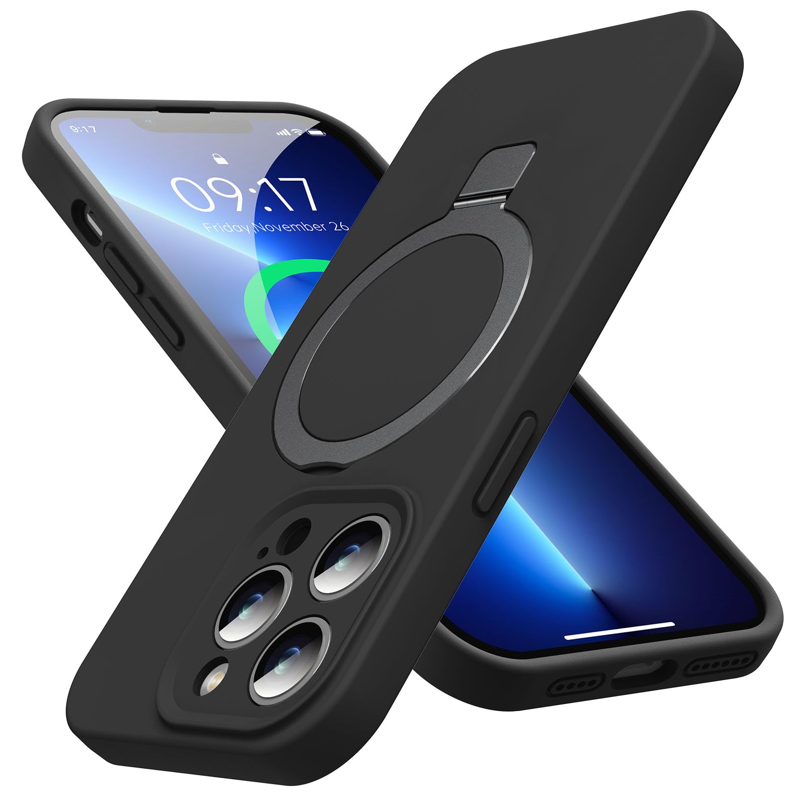 Mag-Ring Designed for iPhone 13 Pro Max Case, Liquid Silicone [Moisturizing Factor] Extreme Soft Slim Phone Case with Stand [Compatible with MagSafe] for 13 Promax 6.7 inch Men Women, Black